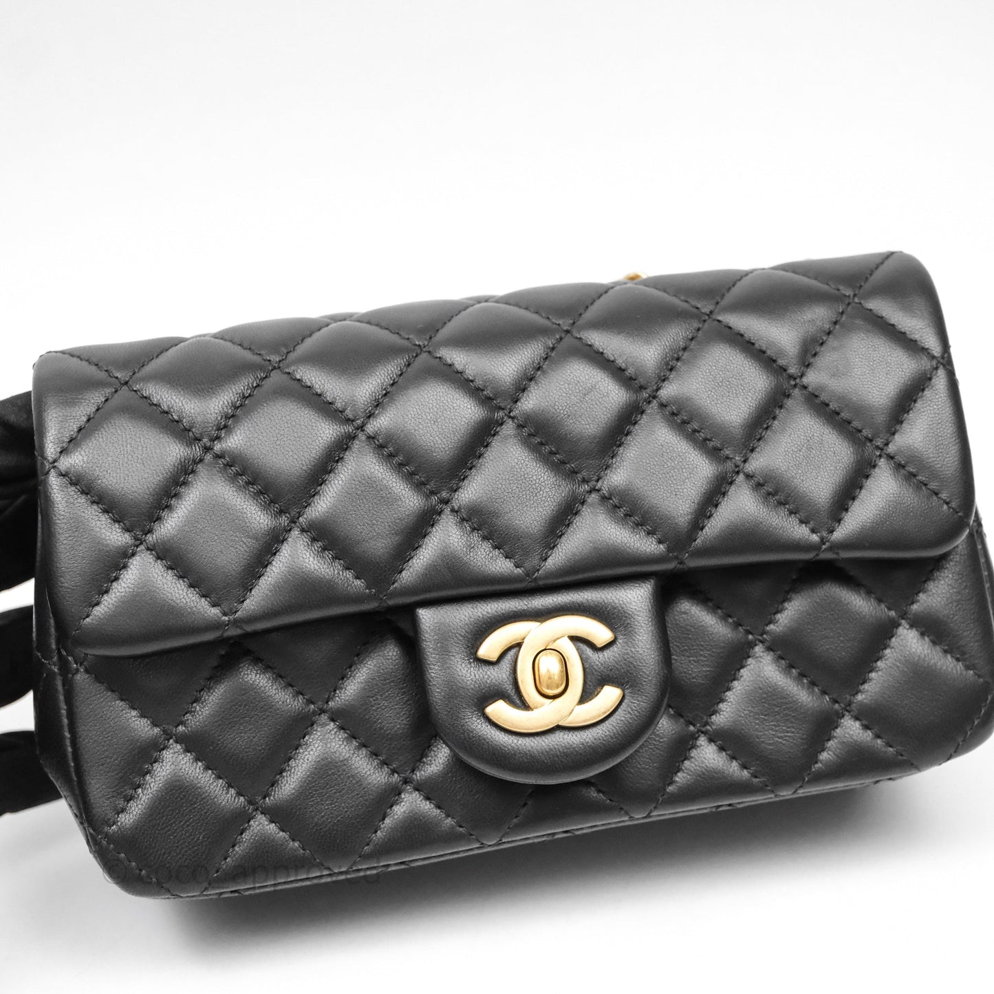 Chanel Mini Rectangular Flap with Camellia Adjustable Chain Black Lambskin Aged Gold Hardware