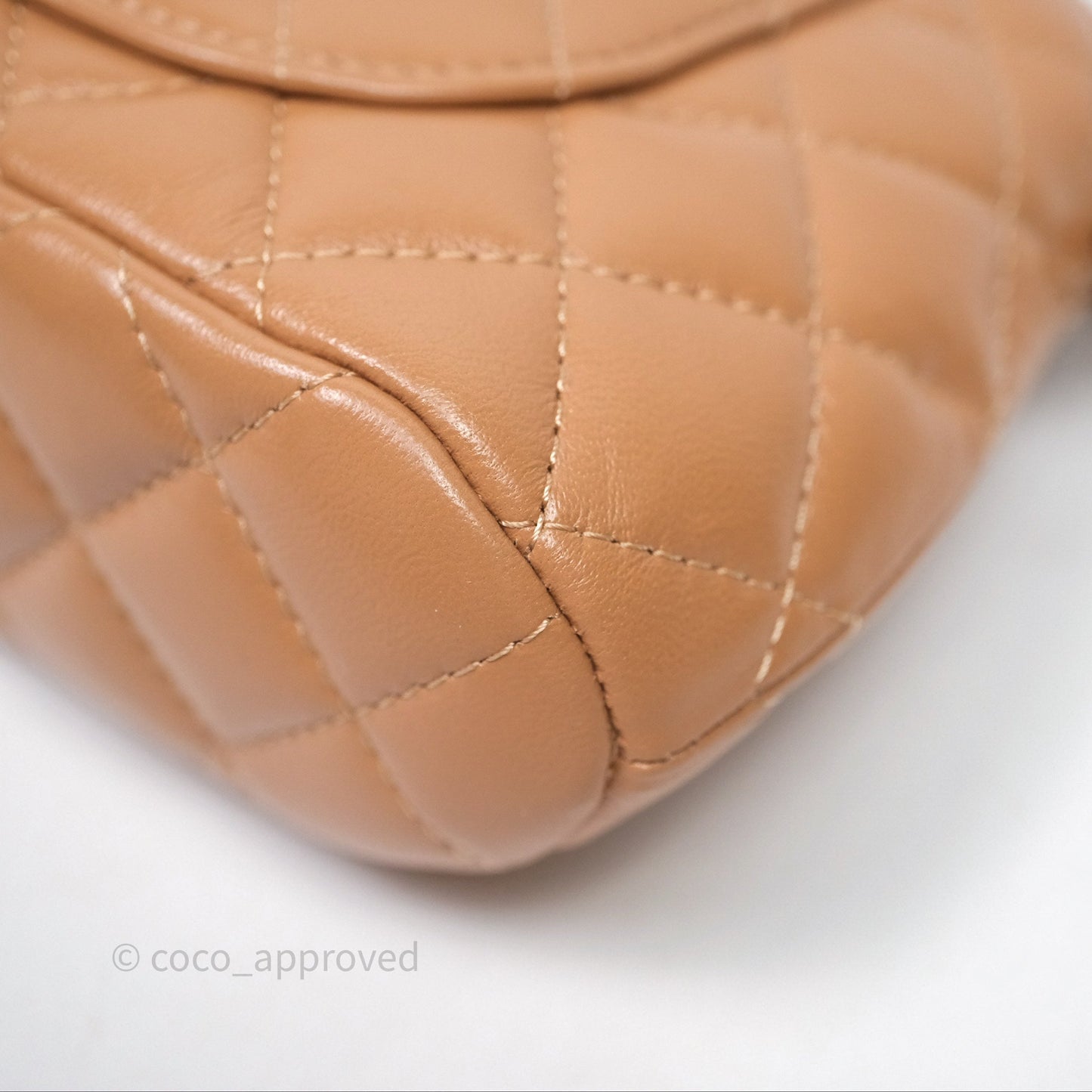 Chanel Mini Handle Clutch with Chain Beige Lambskin Gold Hardware