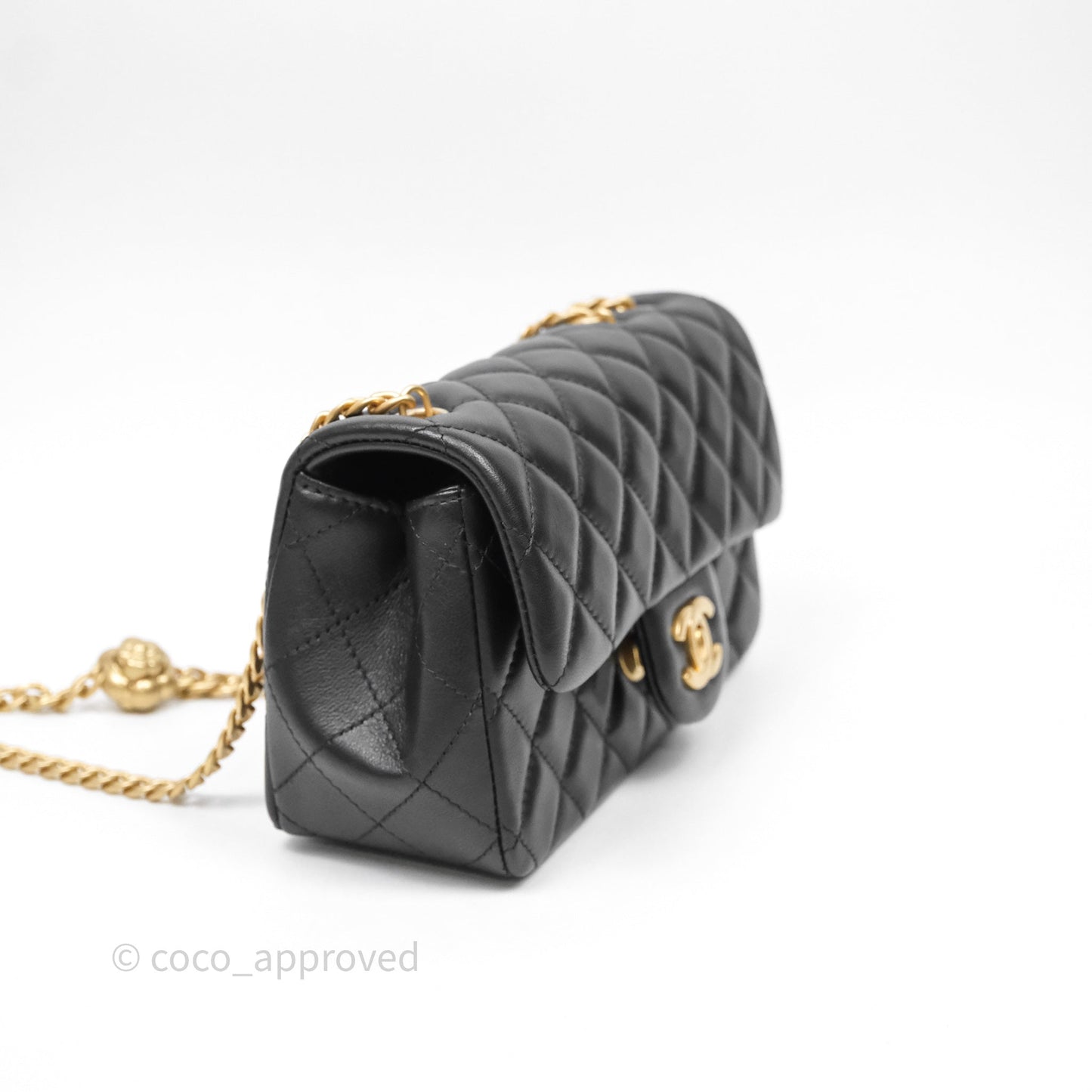 Chanel Mini Rectangular Flap with Camellia Adjustable Chain Black Lambskin Aged Gold Hardware