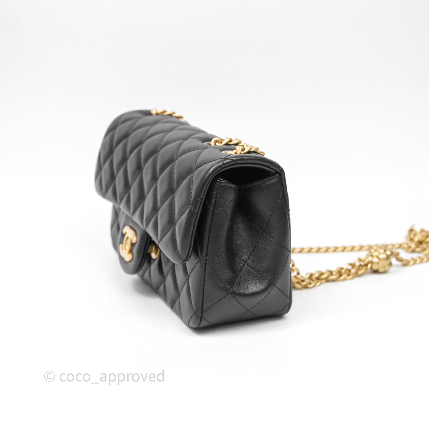 Chanel Mini Rectangular Flap with Camellia Adjustable Chain Black Lambskin Aged Gold Hardware