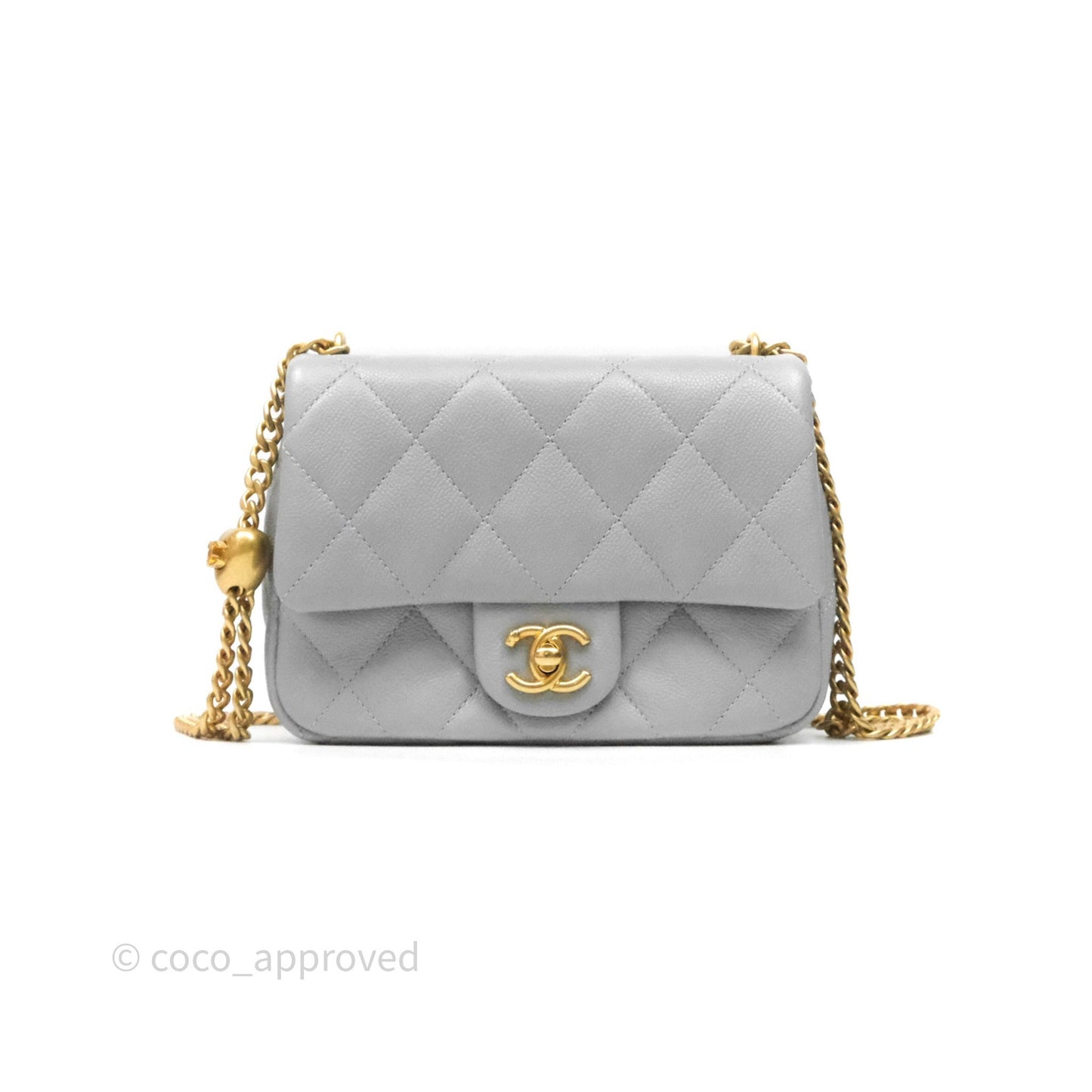 Chanel Mini Flap Bag Heart Adjustable Chain Grey Caviar Aged Gold Hardware