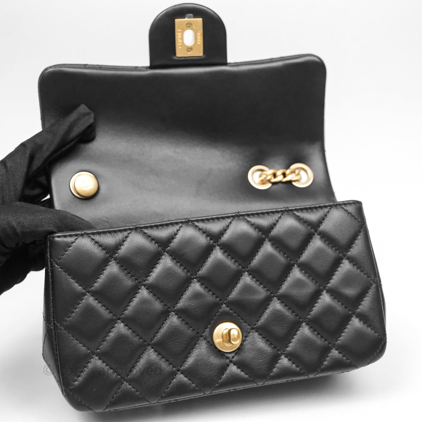 Chanel Mini Rectangular Flap with Camellia Adjustable Chain Black Lambskin Aged Gold Hardware