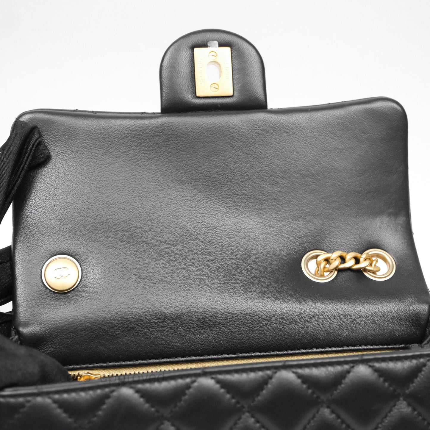 Chanel Mini Rectangular Flap with Camellia Adjustable Chain Black Lambskin Aged Gold Hardware