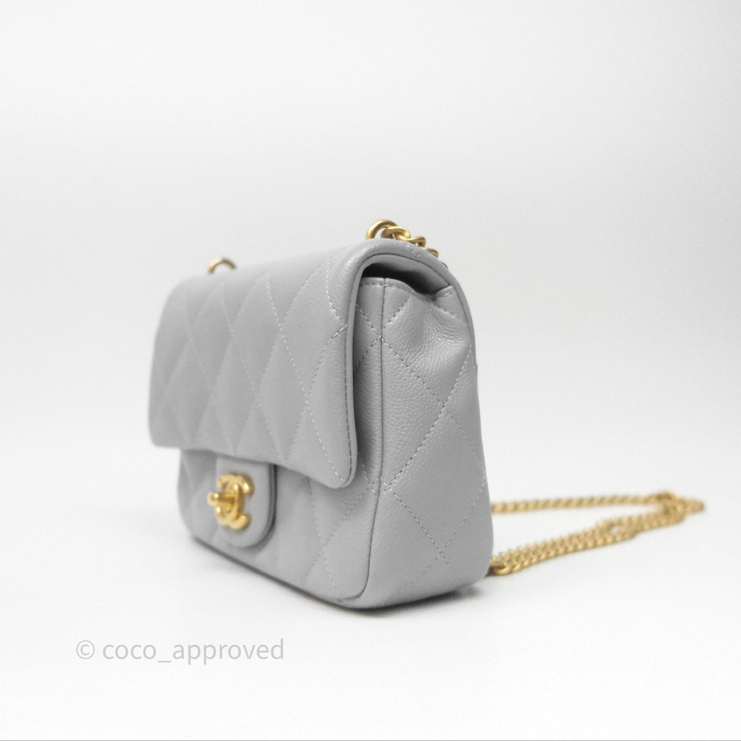 Chanel Mini Flap Bag Heart Adjustable Chain Grey Caviar Aged Gold Hardware