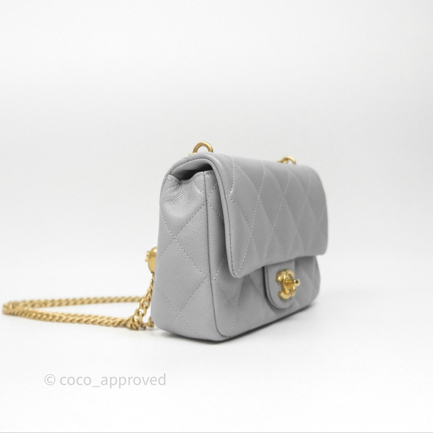 Chanel Mini Flap Bag Heart Adjustable Chain Grey Caviar Aged Gold Hardware
