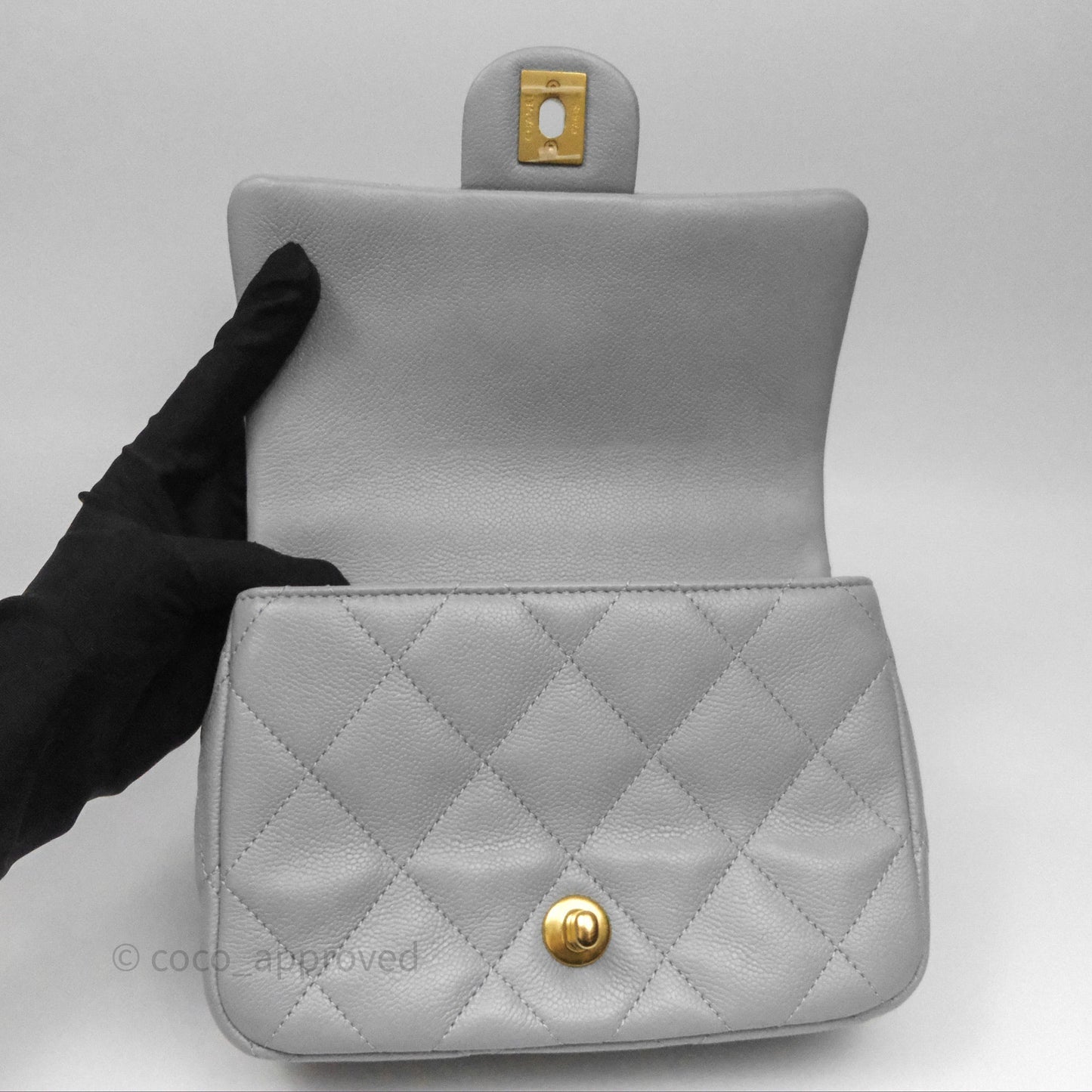 Chanel Mini Flap Bag Heart Adjustable Chain Grey Caviar Aged Gold Hardware
