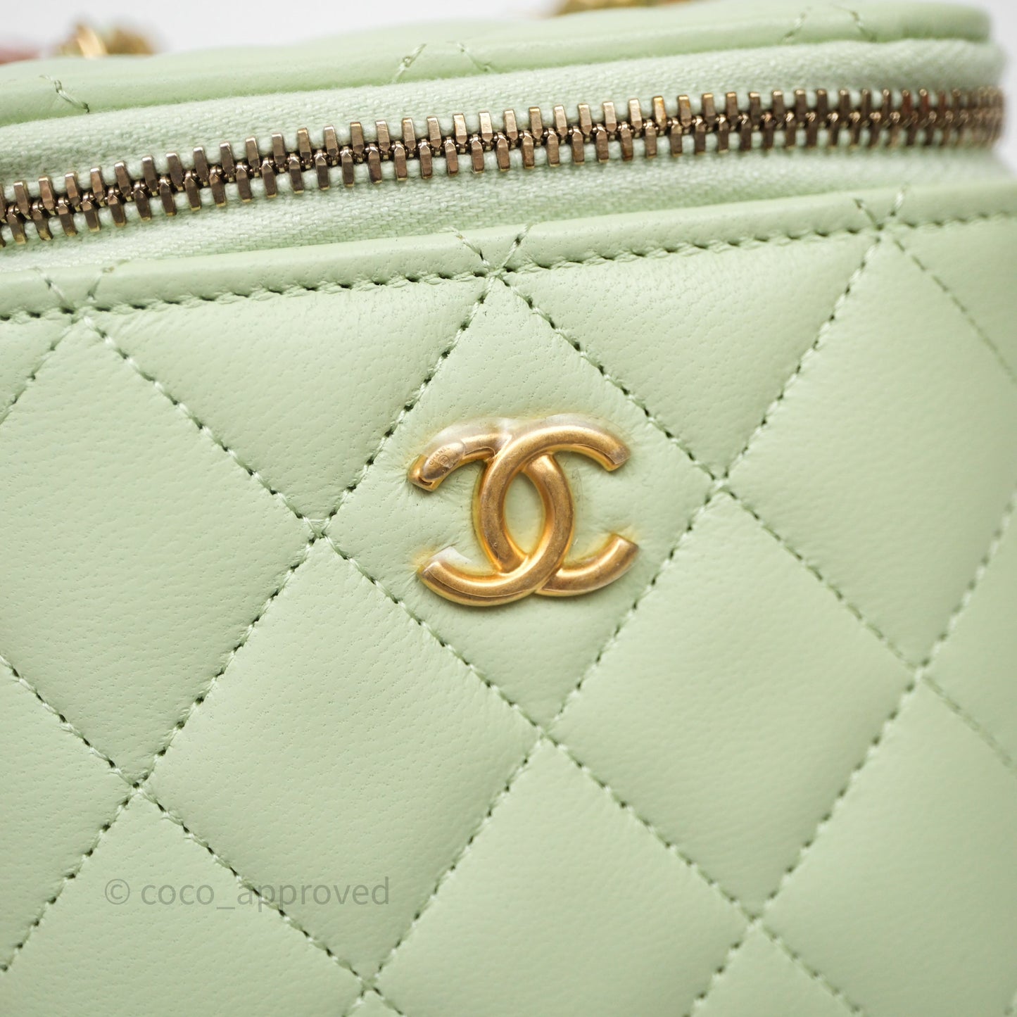 Chanel Mini Pearl Crush Vanity With Chain Light Green Lambskin Aged Gold Hardware