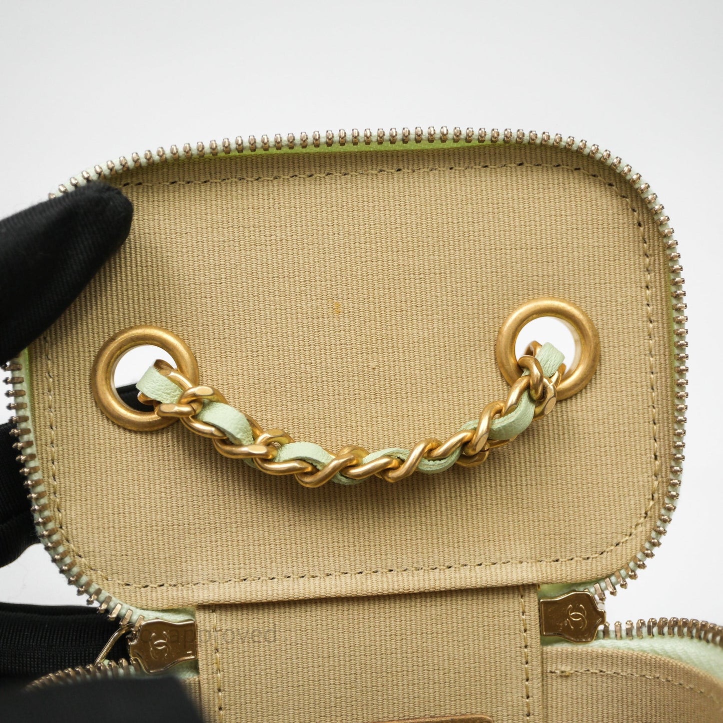 Chanel Mini Pearl Crush Vanity With Chain Light Green Lambskin Aged Gold Hardware