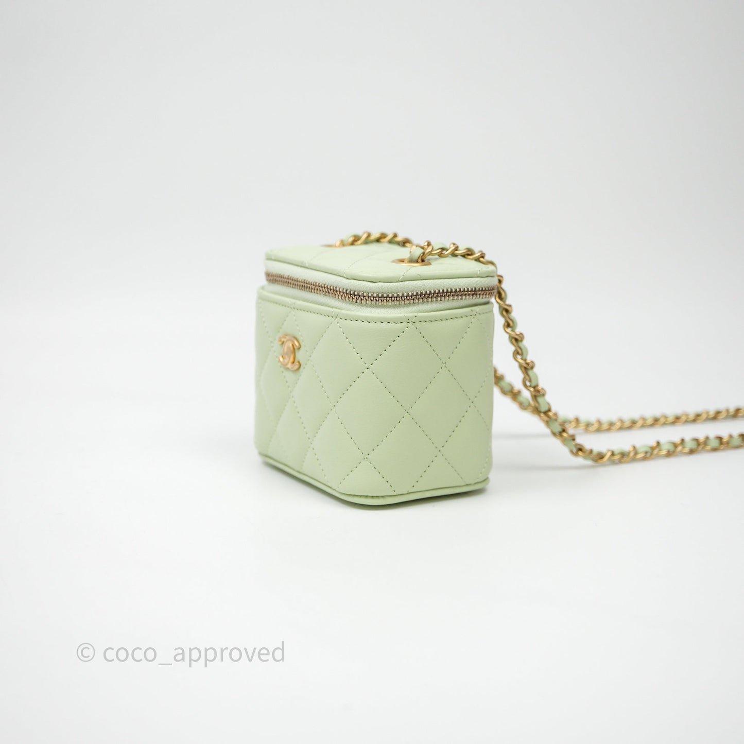 Chanel Mini Pearl Crush Vanity With Chain Light Green Lambskin Aged Gold Hardware