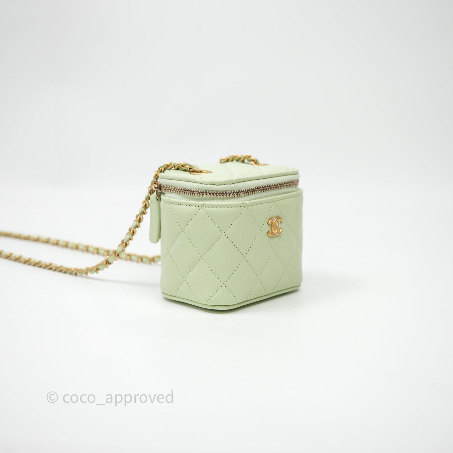 Chanel Mini Pearl Crush Vanity With Chain Light Green Lambskin Aged Gold Hardware