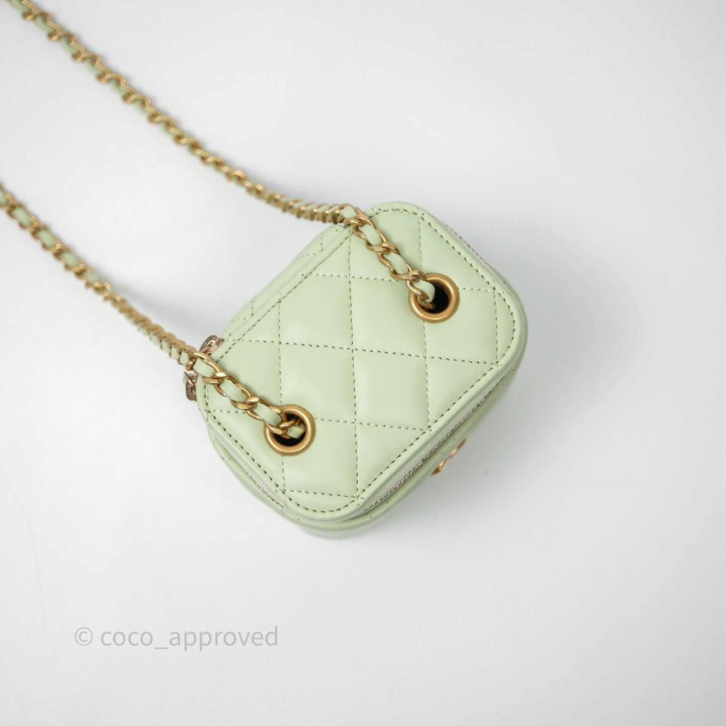 Chanel Mini Pearl Crush Vanity With Chain Light Green Lambskin Aged Gold Hardware