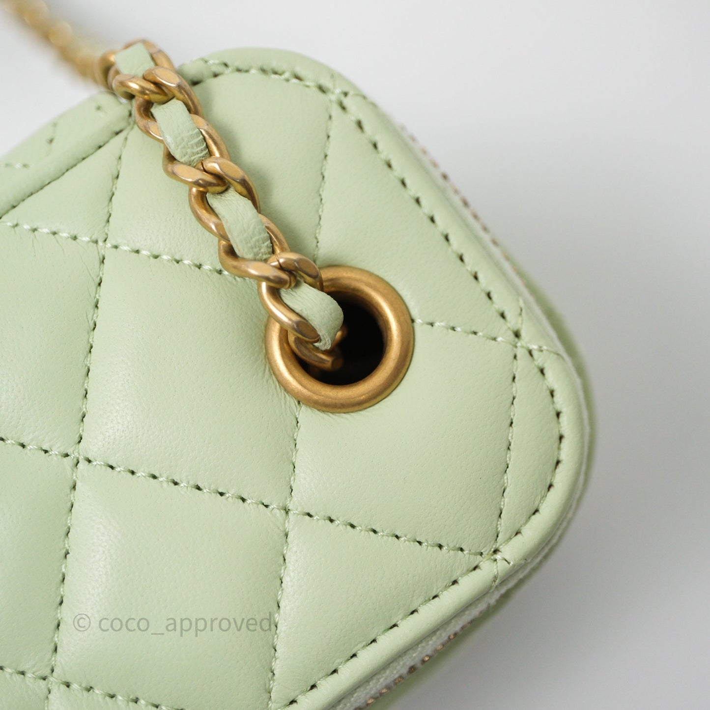 Chanel Mini Pearl Crush Vanity With Chain Light Green Lambskin Aged Gold Hardware