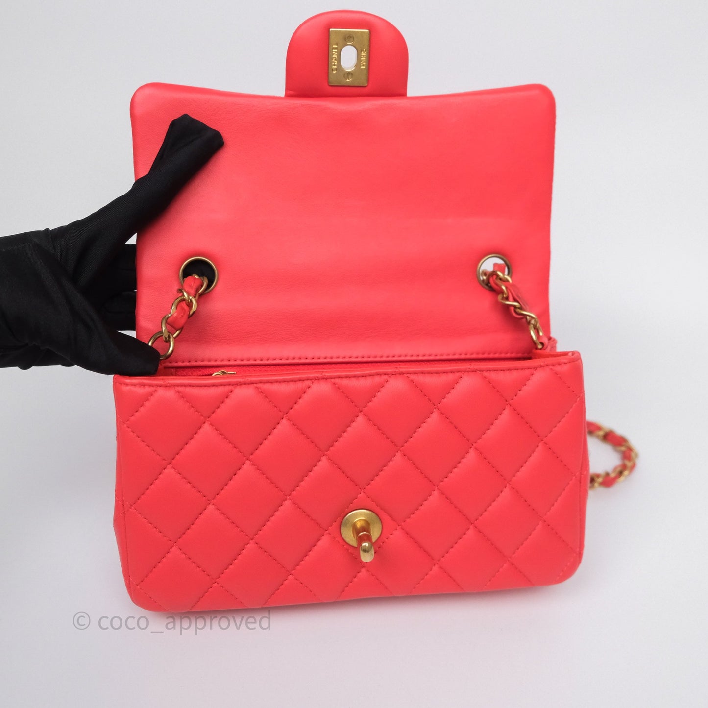Chanel Mini Rectangular Quilted Red Lambskin Aged Gold Hardware
