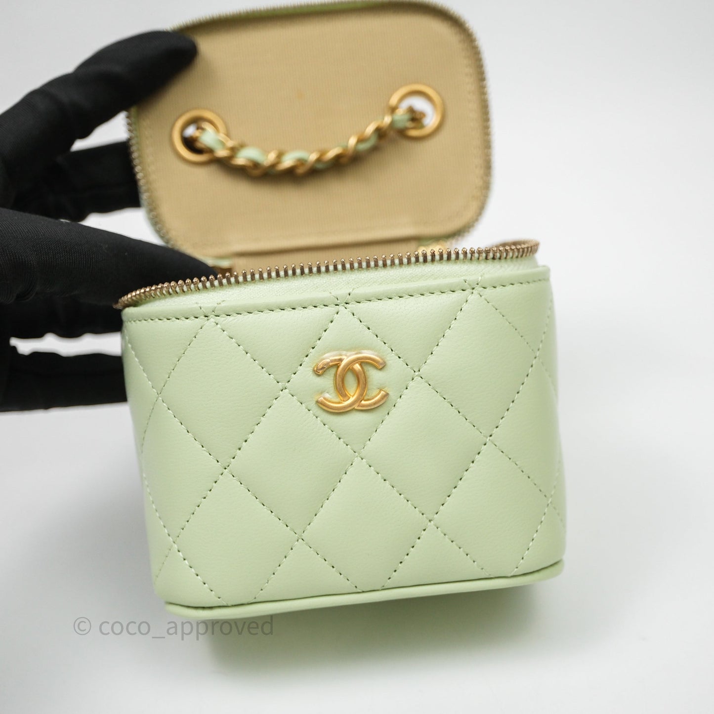 Chanel Mini Pearl Crush Vanity With Chain Light Green Lambskin Aged Gold Hardware