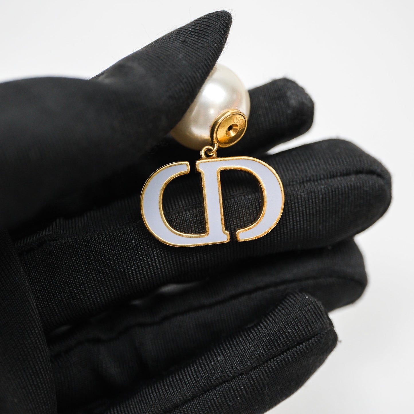 Christian Dior Pearls Drop Blue CD Earrings Gold Tone