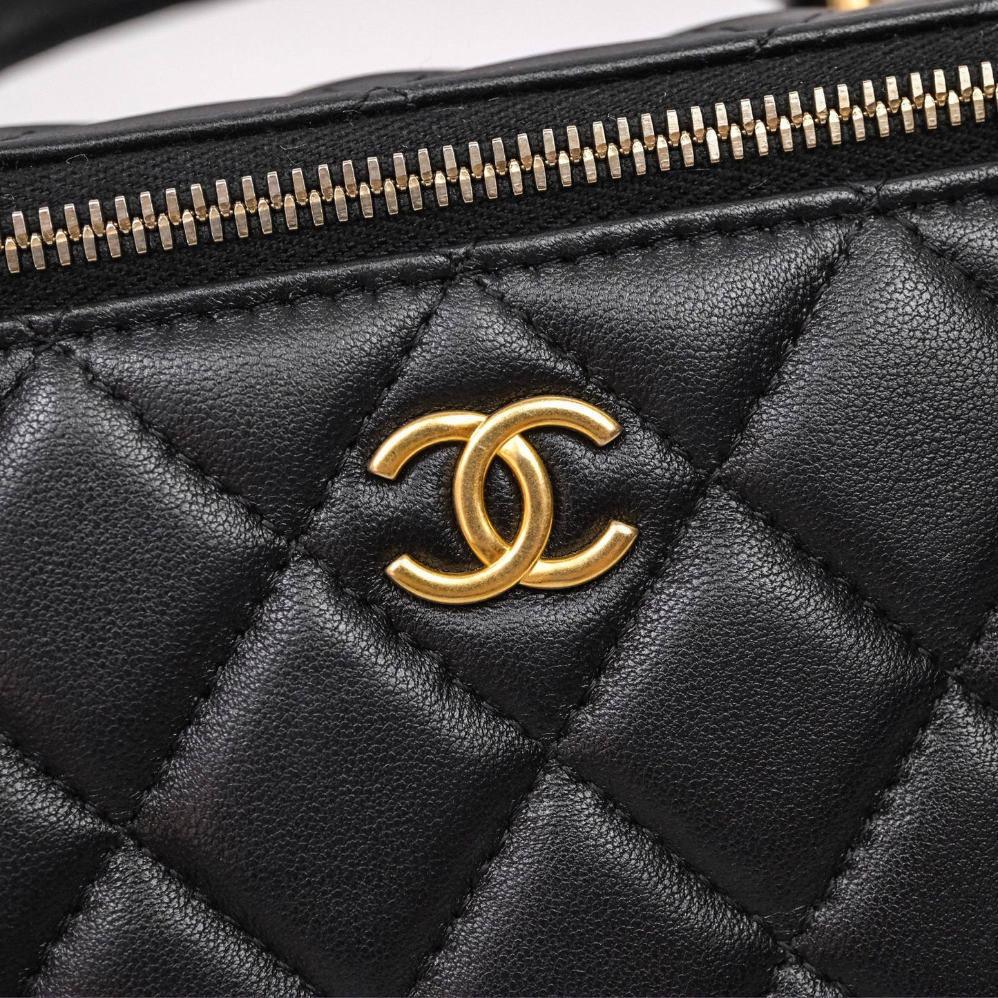 Chanel Vanity Rectangular Metal Top Handle Black Lambskin Aged Gold Hardware
