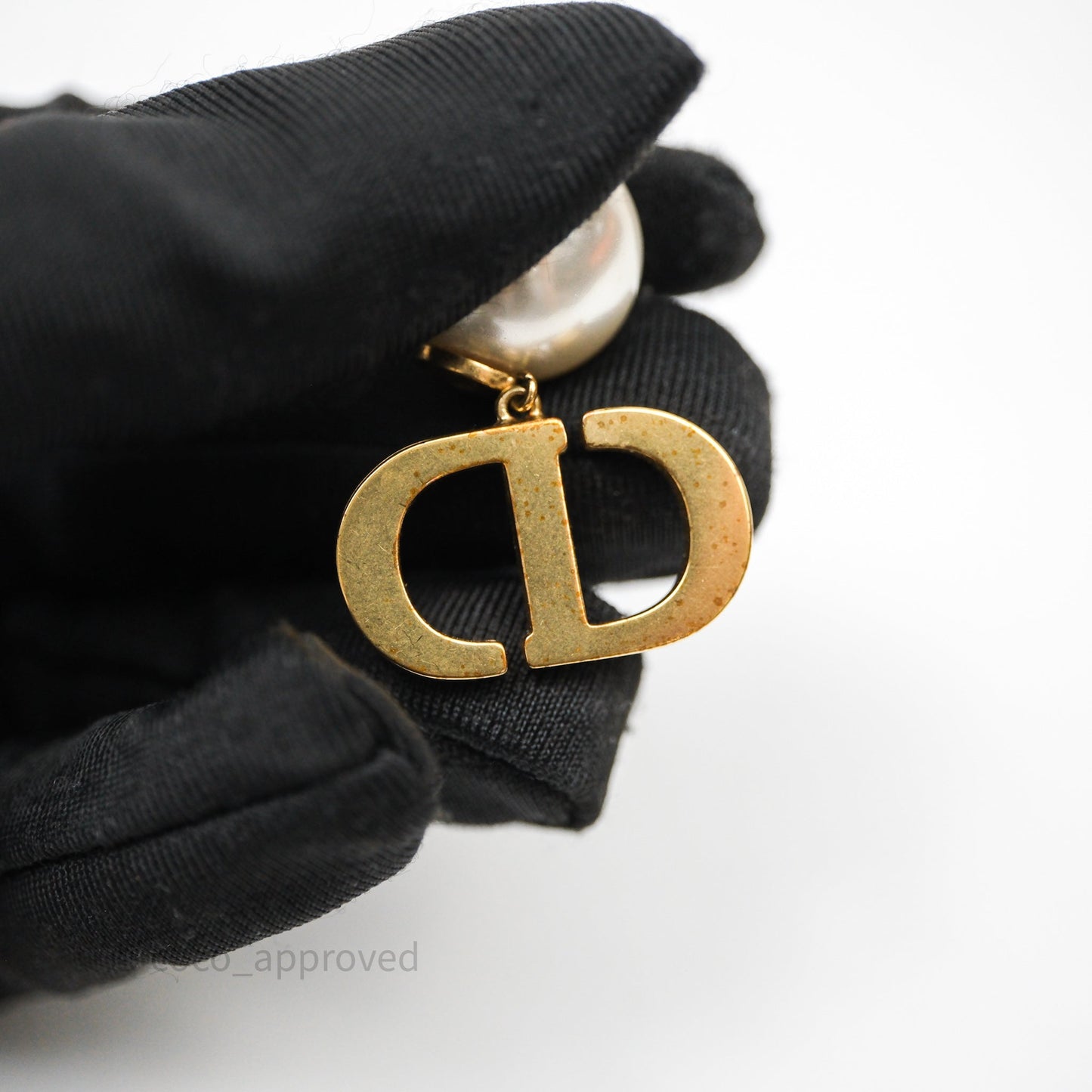Christian Dior Pearls Drop Blue CD Earrings Gold Tone