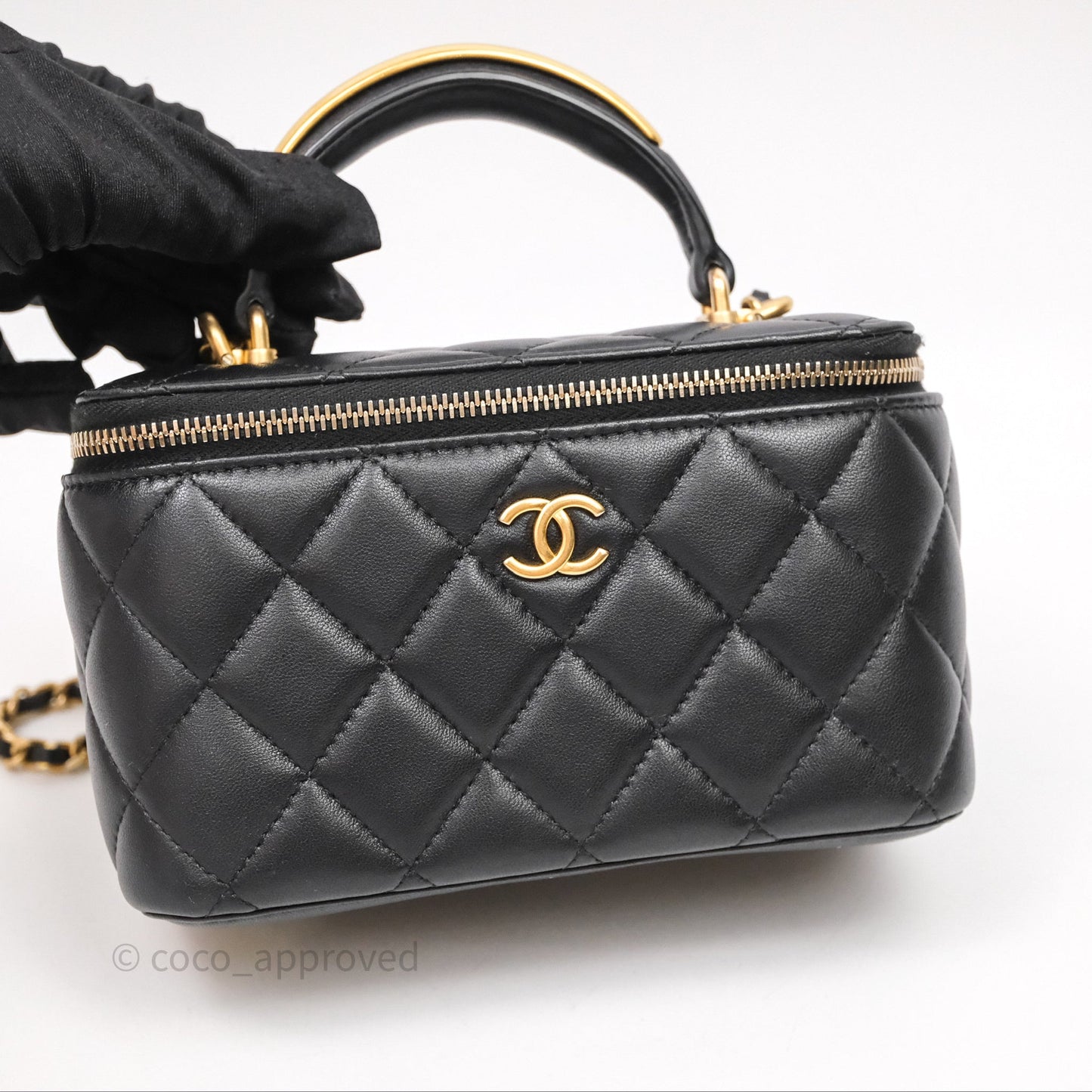 Chanel Vanity Rectangular Metal Top Handle Black Lambskin Aged Gold Hardware
