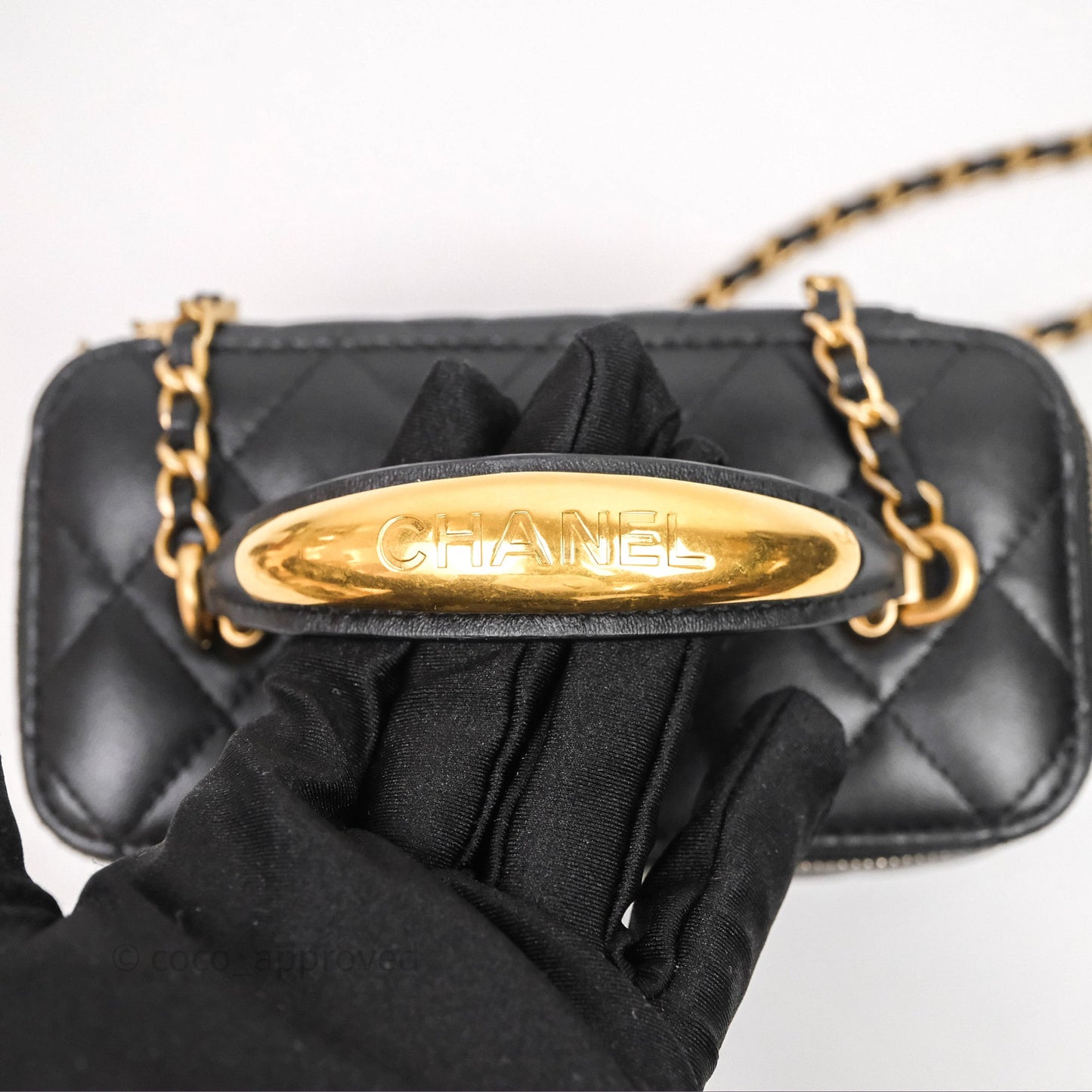 Chanel Vanity Rectangular Metal Top Handle Black Lambskin Aged Gold Hardware