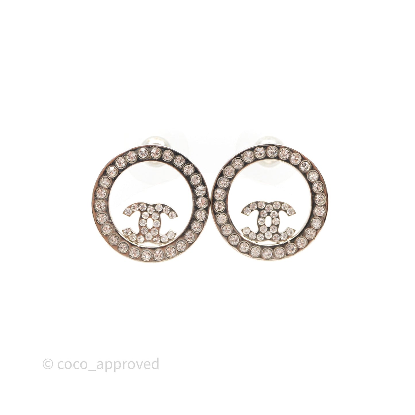 Chanel Crystal CC Round Earrings Silver Tone 17S
