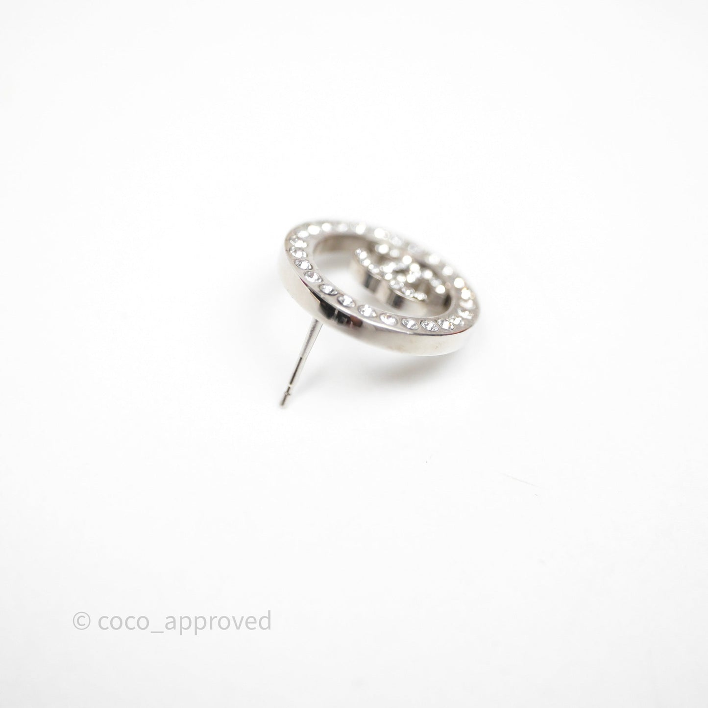 Chanel Crystal CC Round Earrings Silver Tone 17S