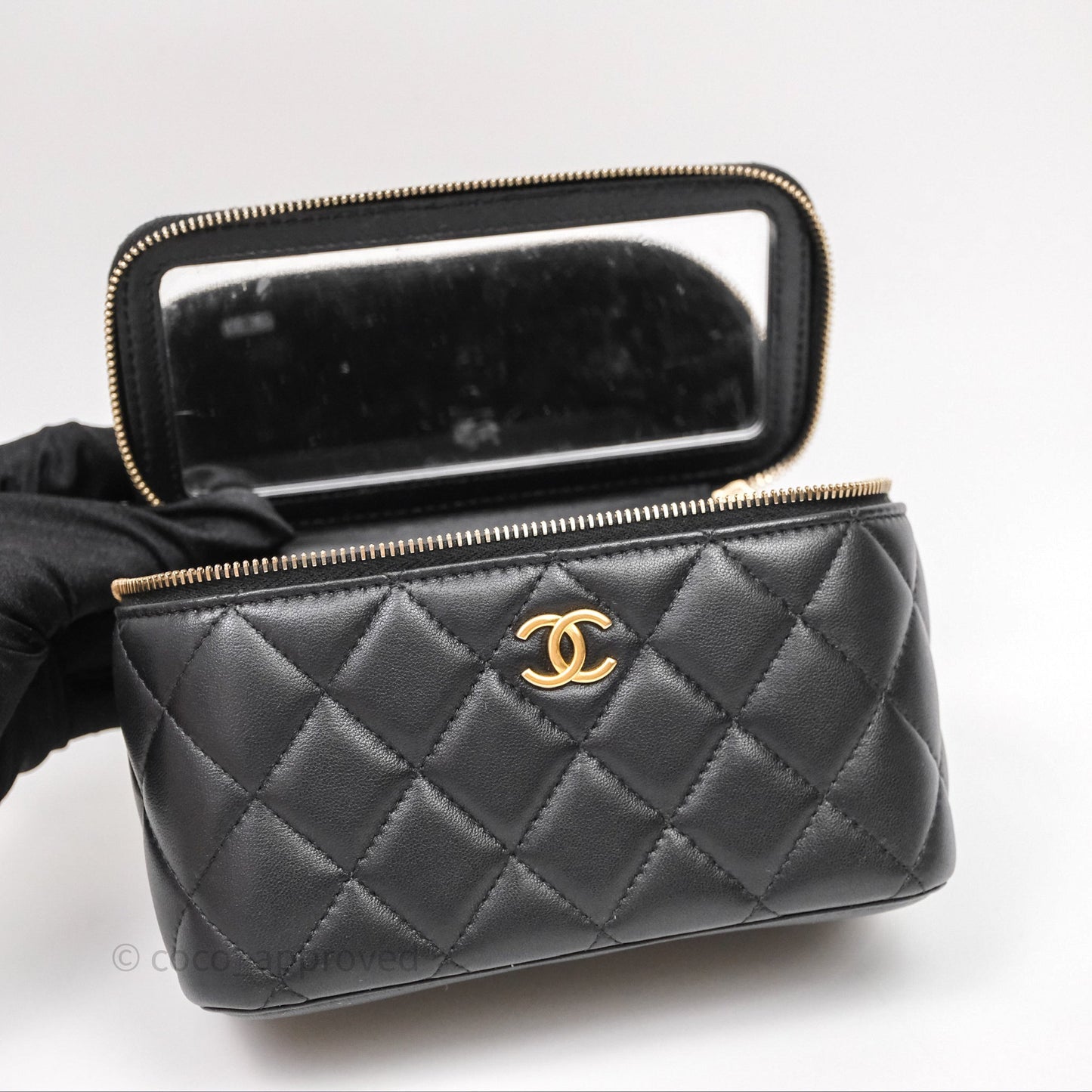 Chanel Vanity Rectangular Metal Top Handle Black Lambskin Aged Gold Hardware