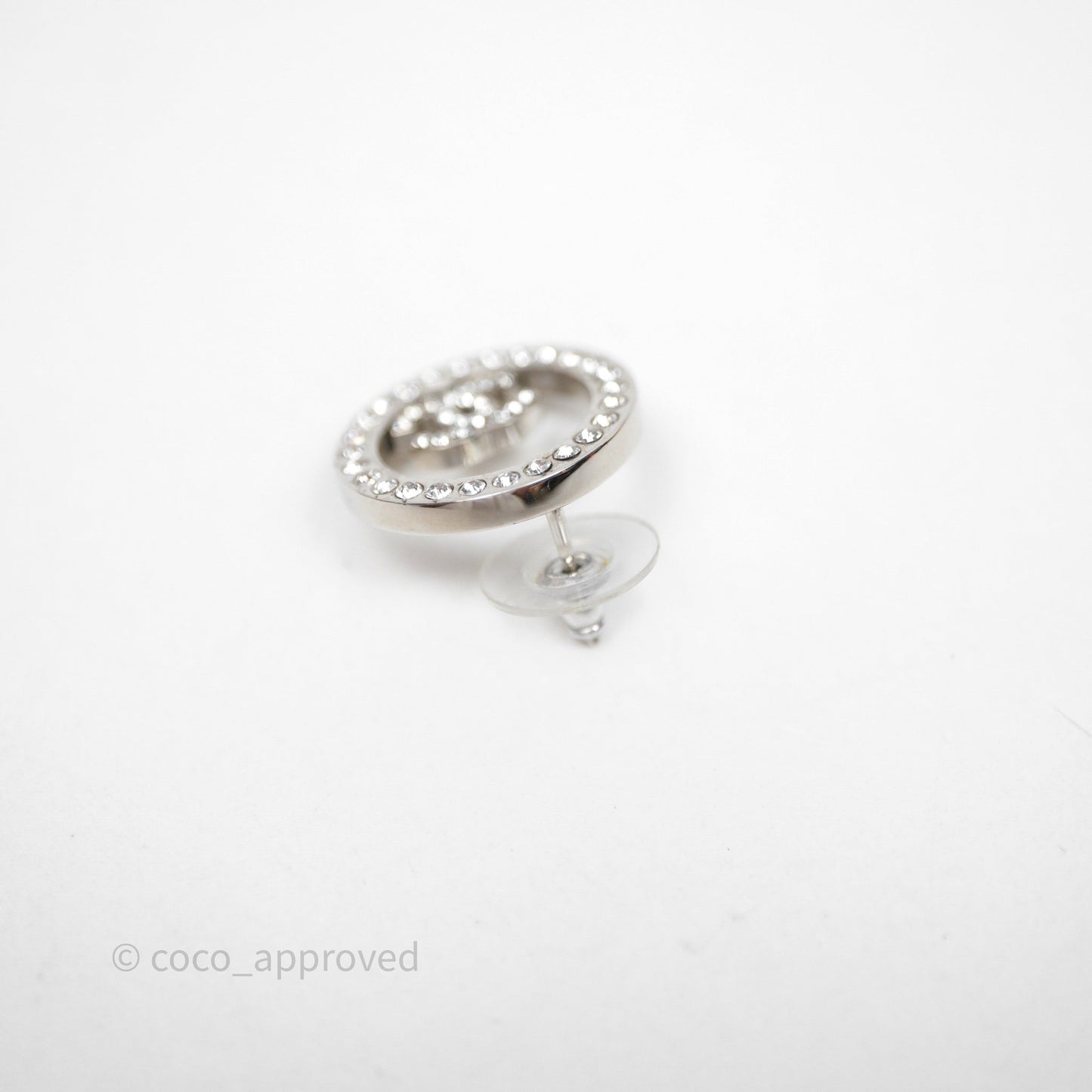 Chanel Crystal CC Round Earrings Silver Tone 17S