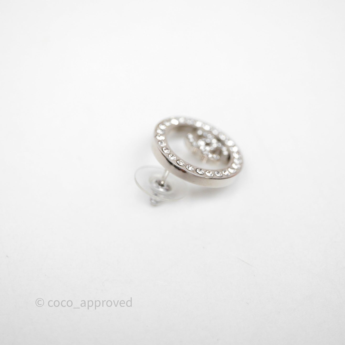 Chanel Crystal CC Round Earrings Silver Tone 17S