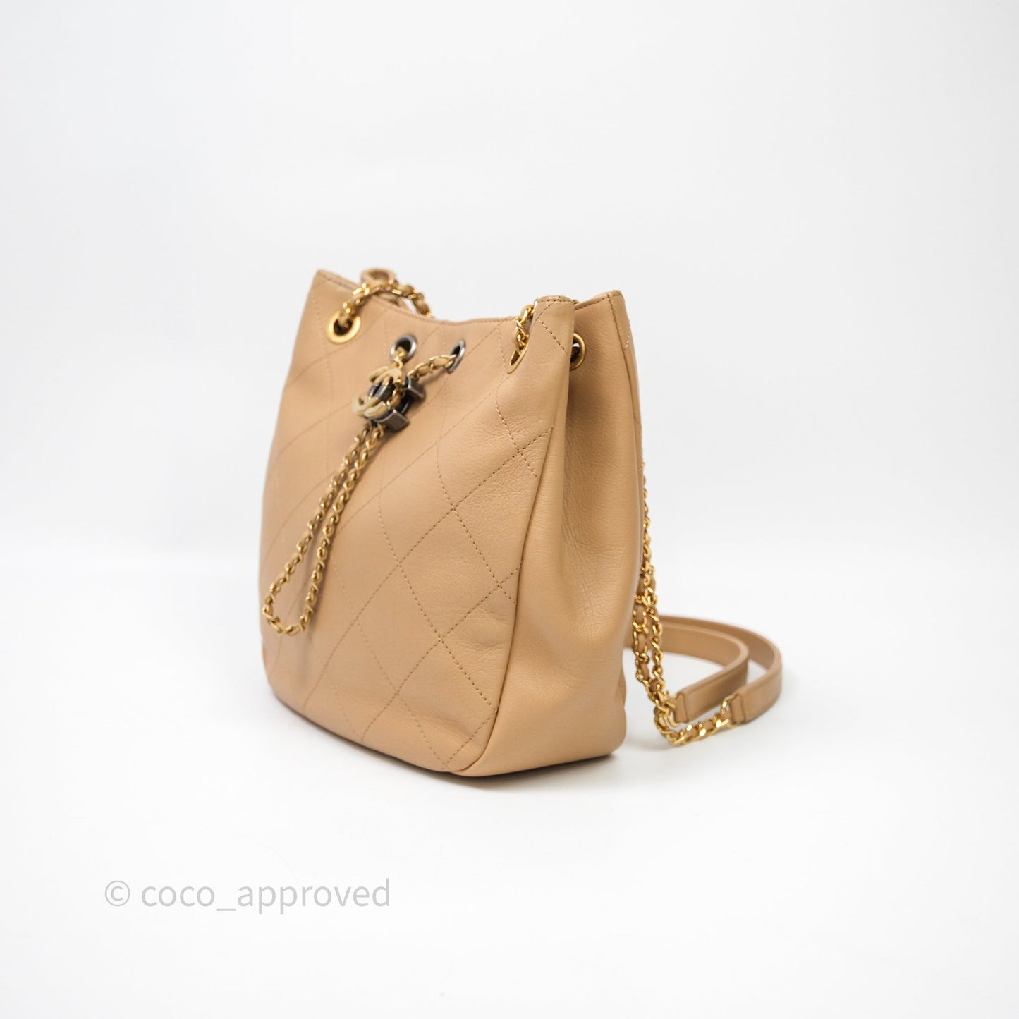 Chanel Drawstring Bucket Bag Beige Calfskin Mixed Hardware