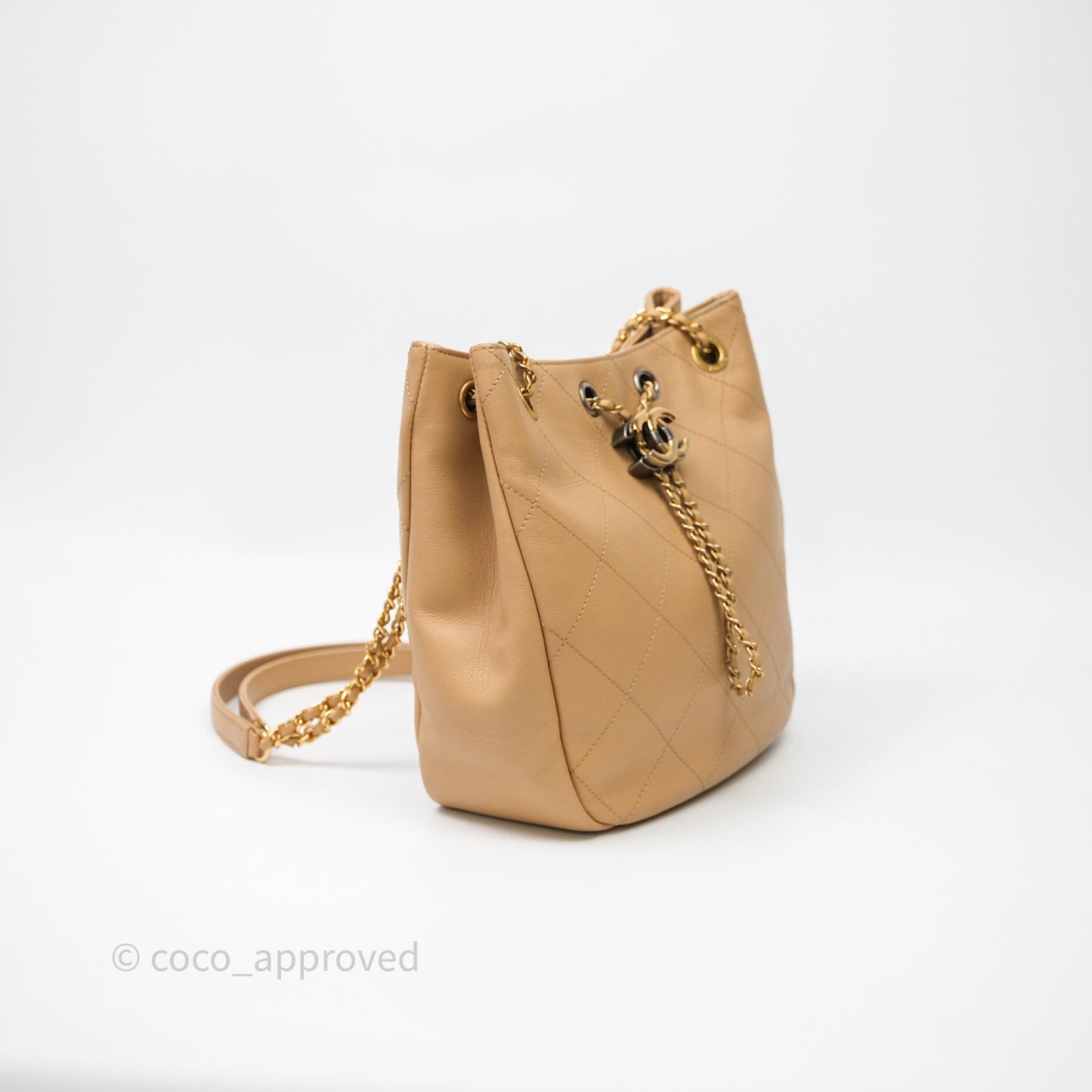 Chanel Drawstring Bucket Bag Beige Calfskin Mixed Hardware