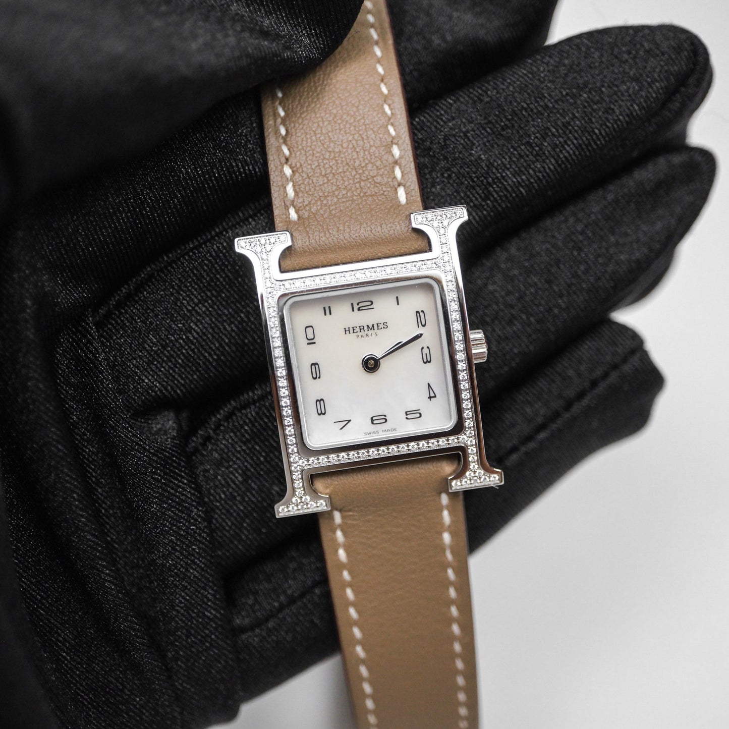 Hermès Heure H Watch Diamond Etoupe Swift Palladium Hardware