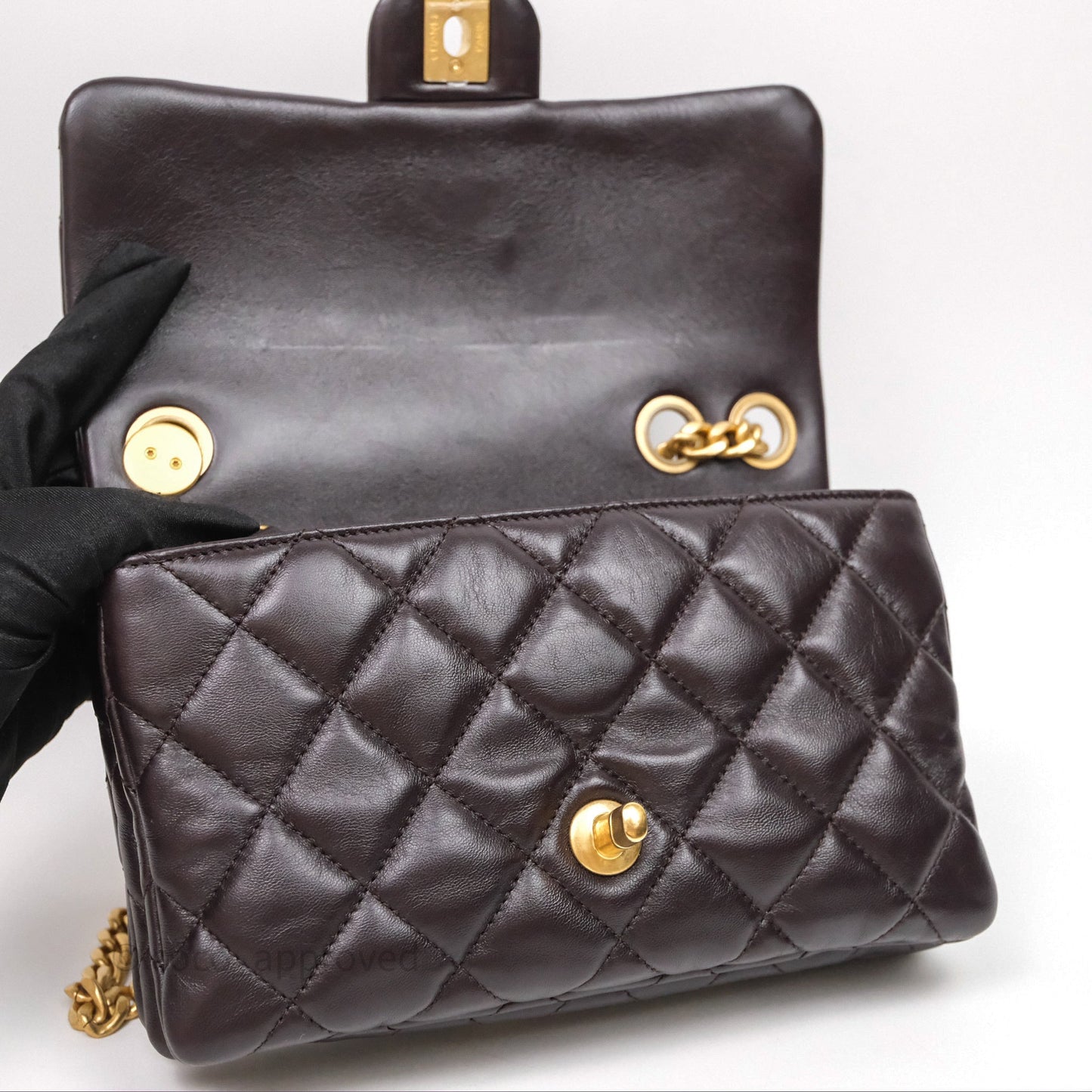Chanel Small All Slide Adjustable Chain Flap Bag Dark Brown Lambskin Aged Gold Hardware