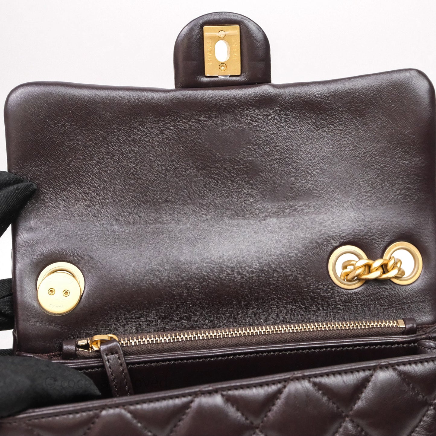 Chanel Small All Slide Adjustable Chain Flap Bag Dark Brown Lambskin Aged Gold Hardware