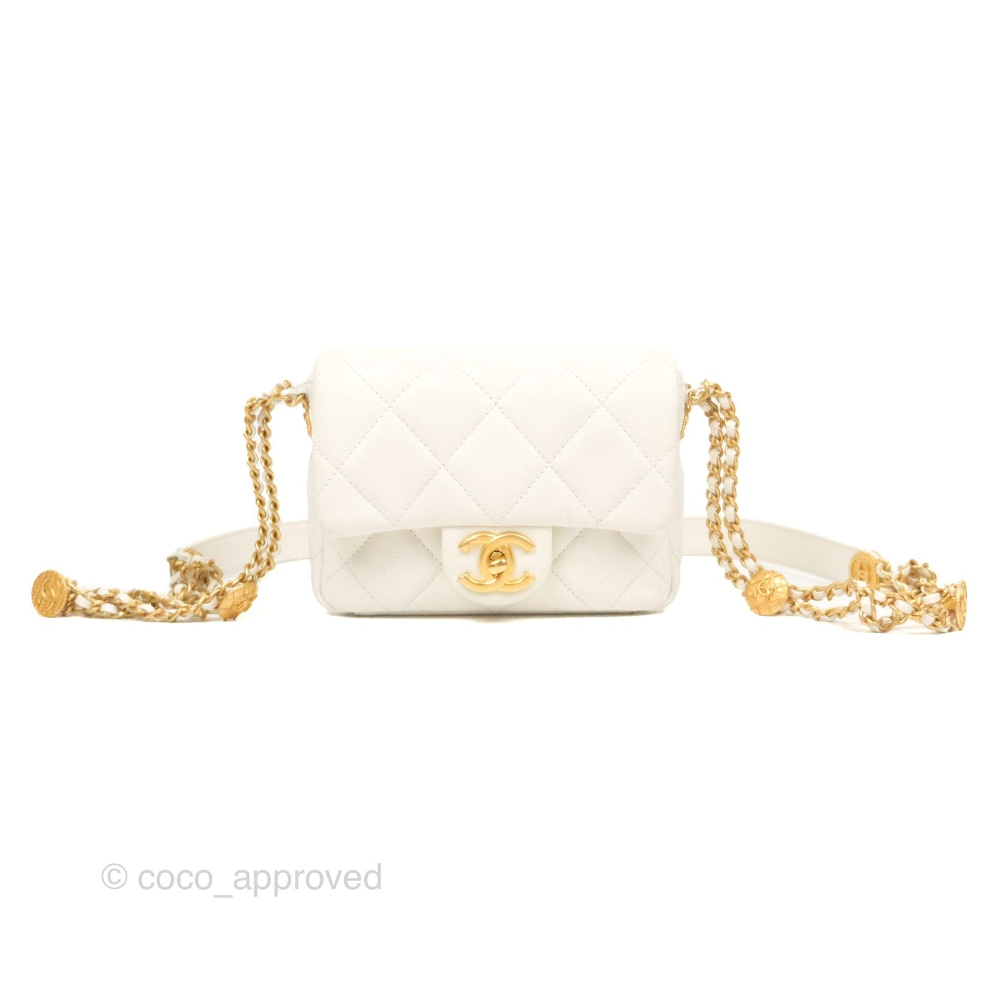 Chanel Mini Flap with Coin Charm White Caviar Aged Gold Hardware 22A