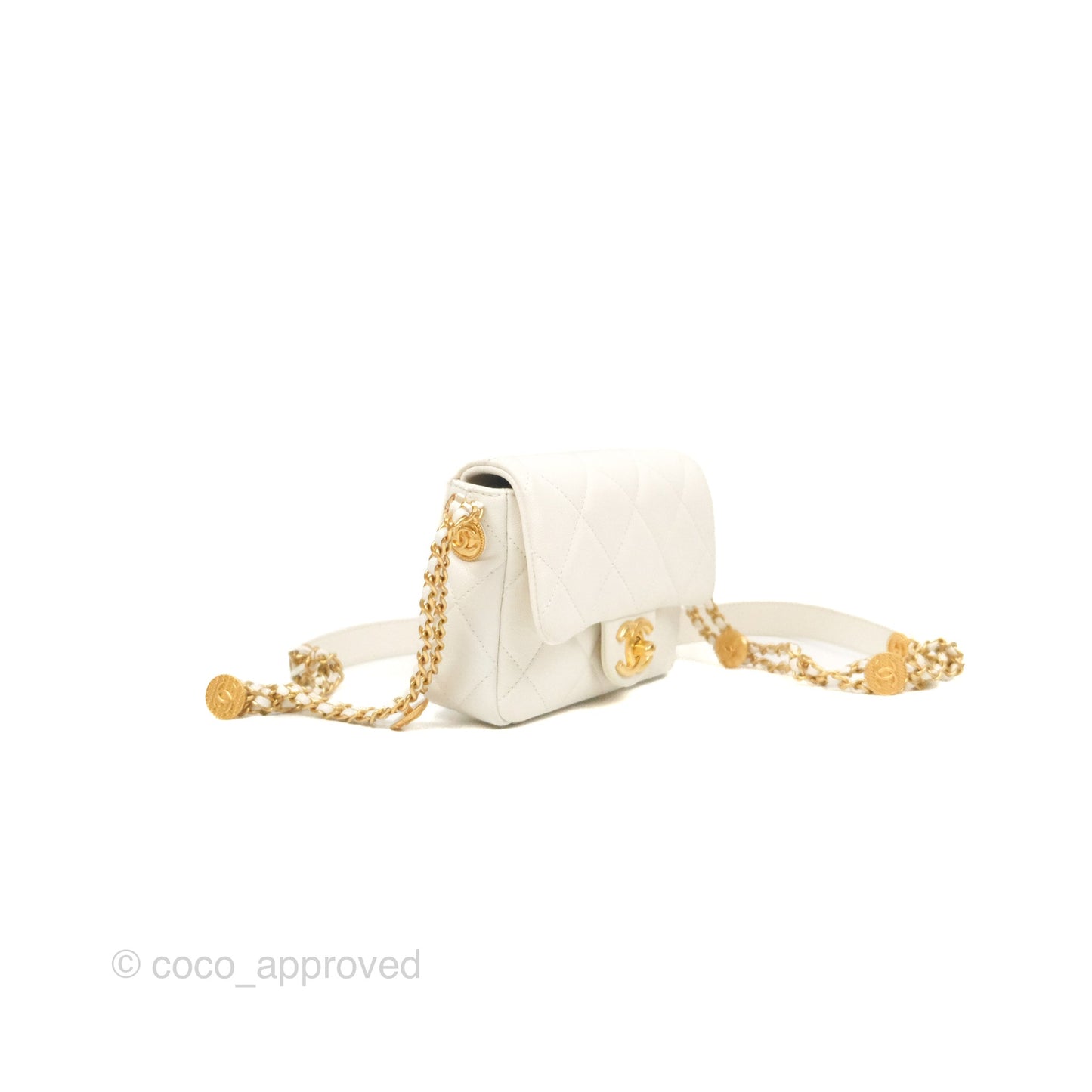 Chanel Mini Flap with Coin Charm White Caviar Aged Gold Hardware 22A