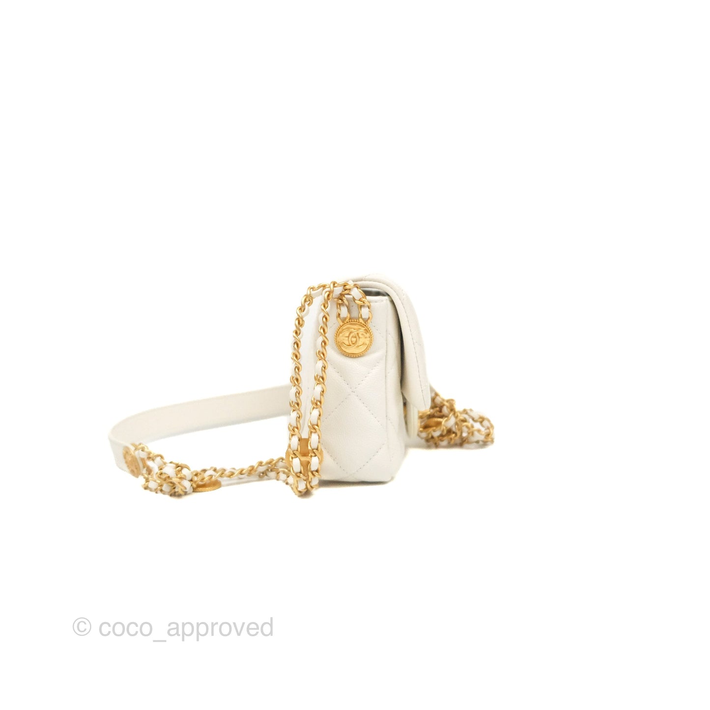Chanel Mini Flap with Coin Charm White Caviar Aged Gold Hardware 22A