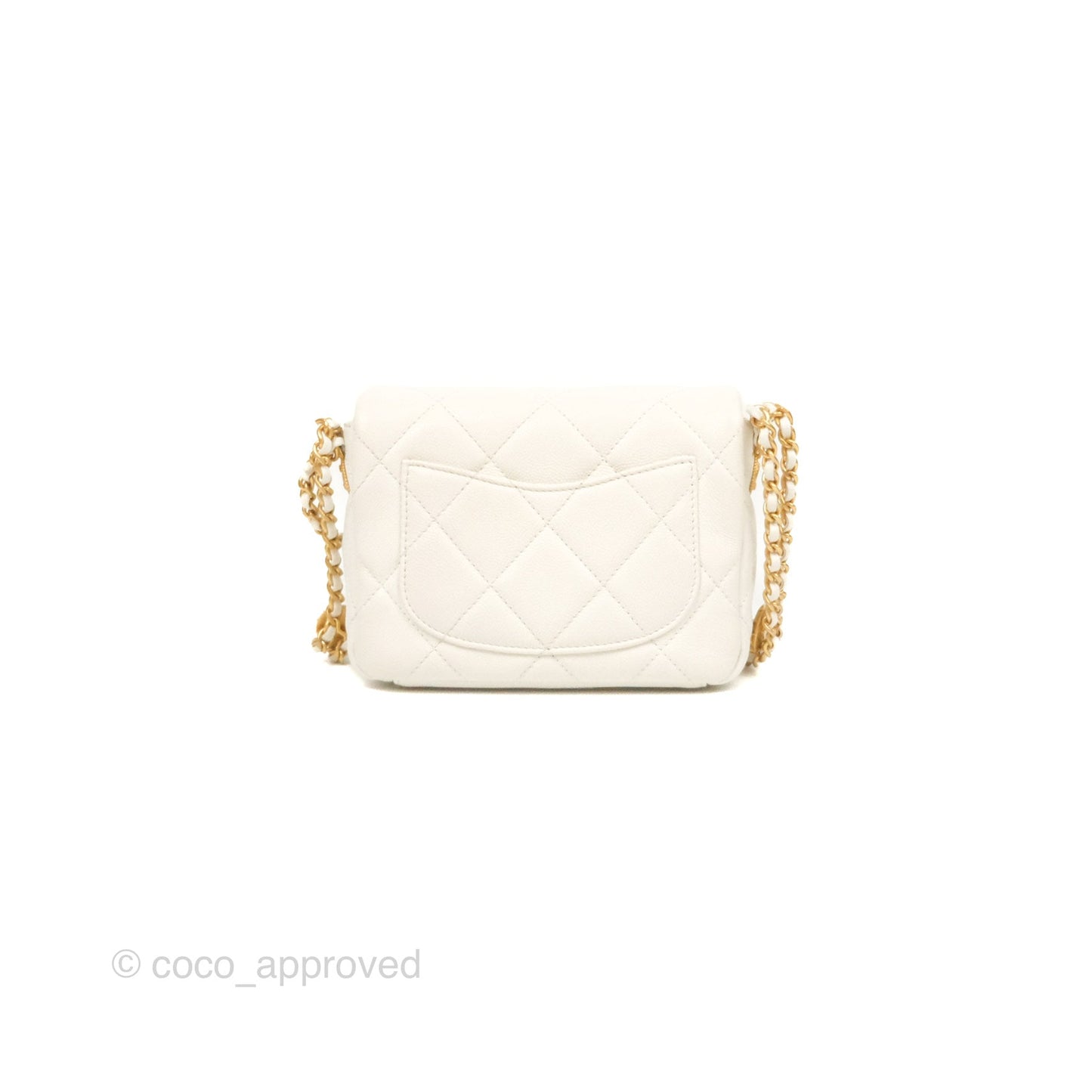 Chanel Mini Flap with Coin Charm White Caviar Aged Gold Hardware 22A