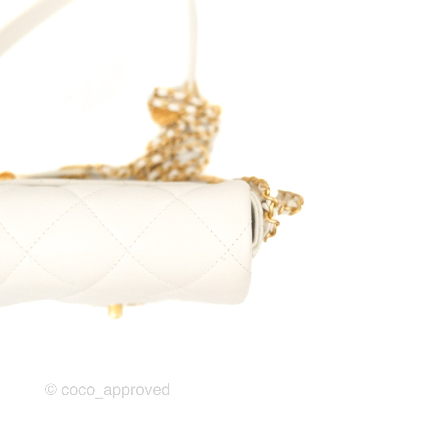 Chanel Mini Flap with Coin Charm White Caviar Aged Gold Hardware 22A