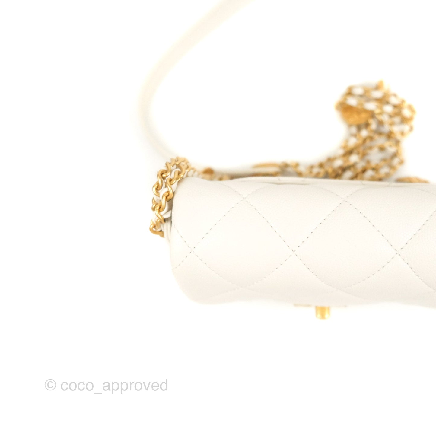 Chanel Mini Flap with Coin Charm White Caviar Aged Gold Hardware 22A