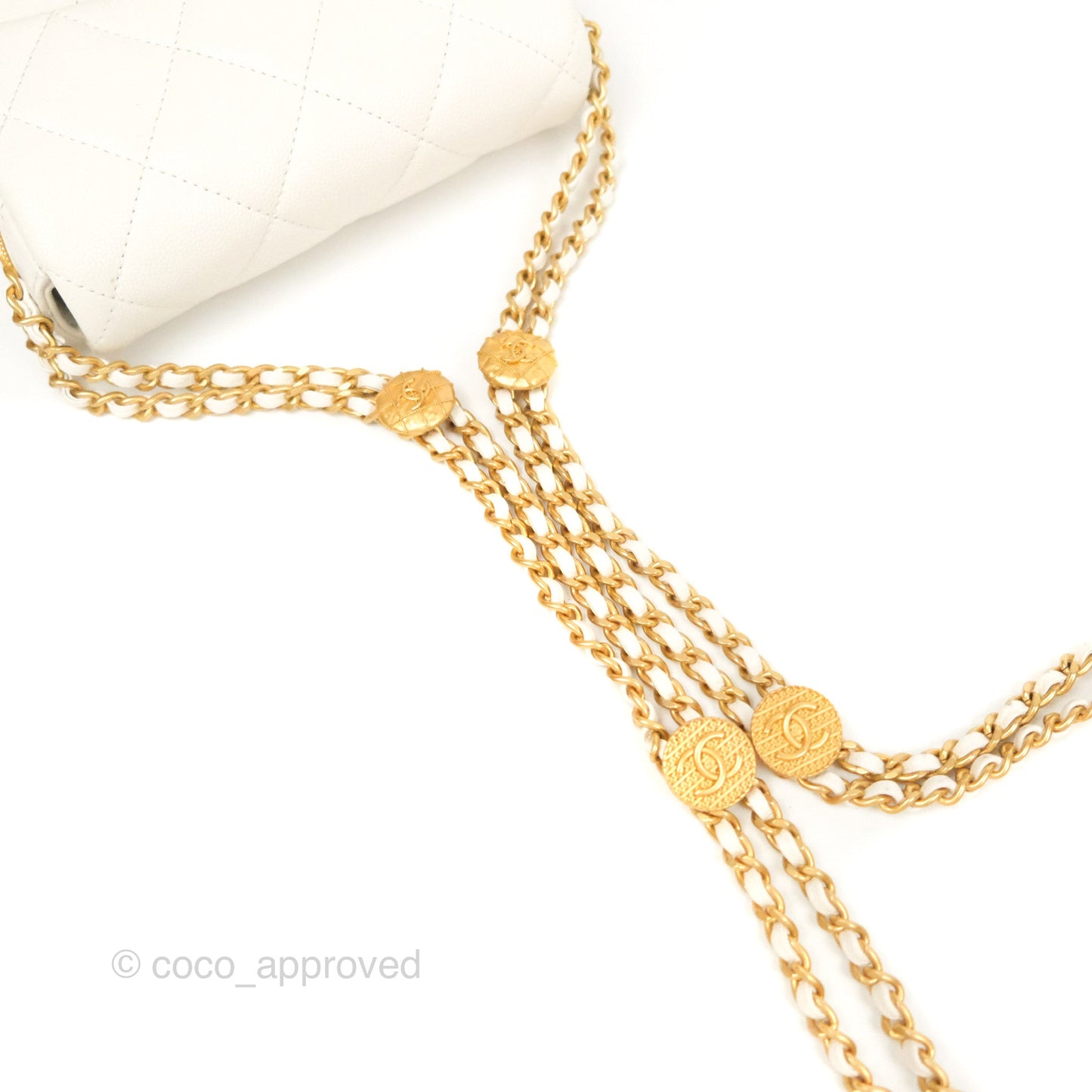 Chanel Mini Flap with Coin Charm White Caviar Aged Gold Hardware 22A