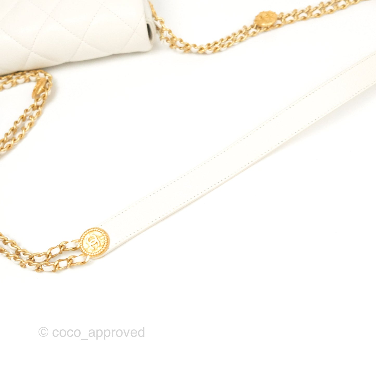 Chanel Mini Flap with Coin Charm White Caviar Aged Gold Hardware 22A
