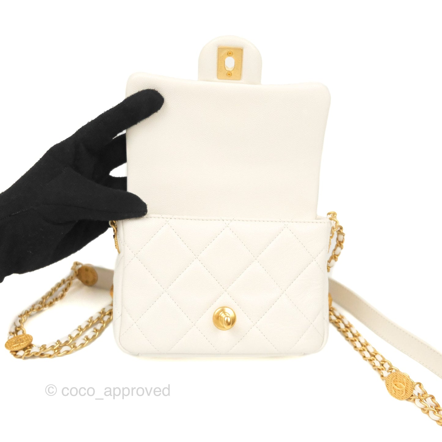 Chanel Mini Flap with Coin Charm White Caviar Aged Gold Hardware 22A