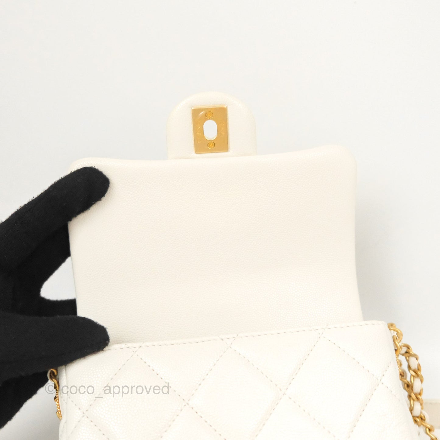 Chanel Mini Flap with Coin Charm White Caviar Aged Gold Hardware 22A