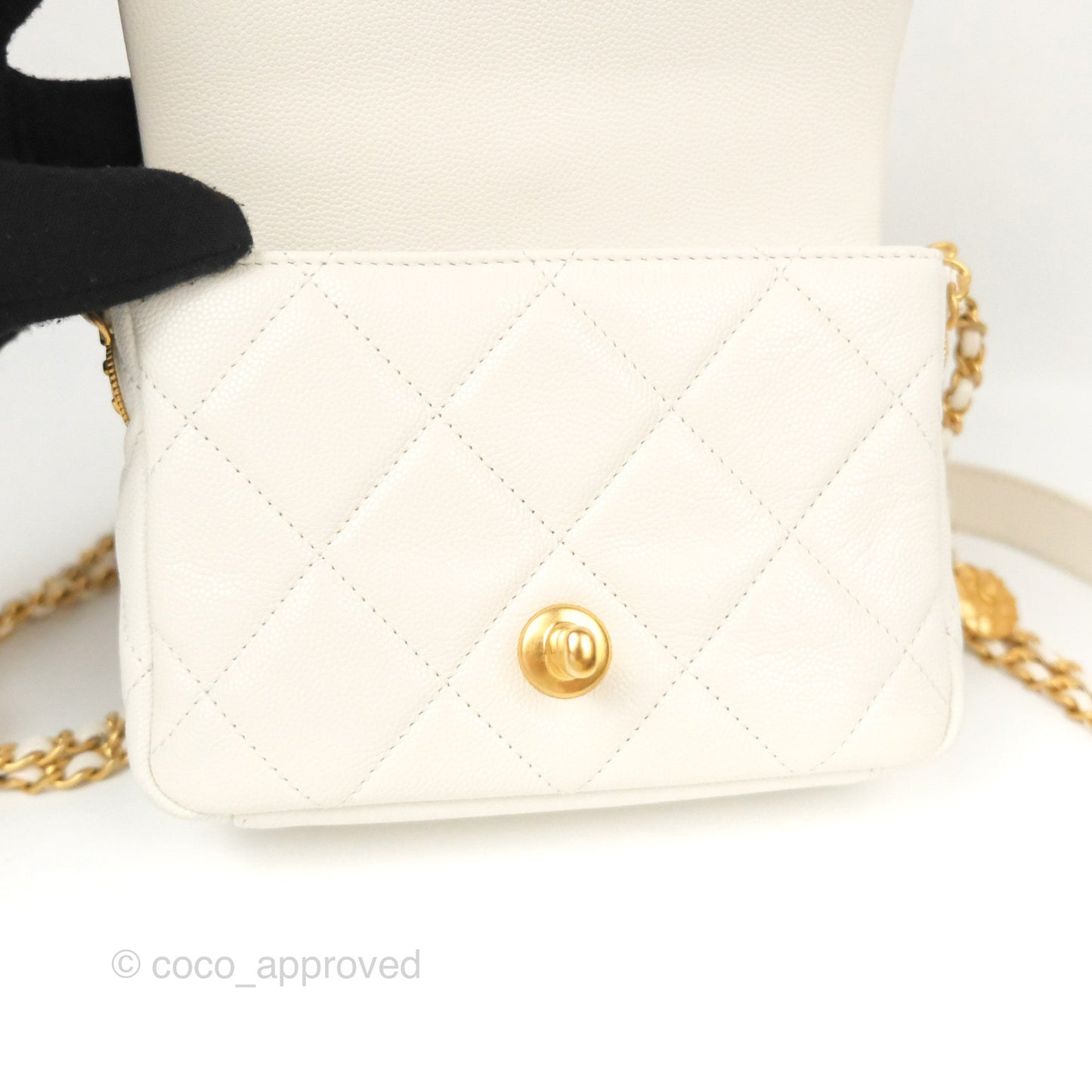 Chanel Mini Flap with Coin Charm White Caviar Aged Gold Hardware 22A