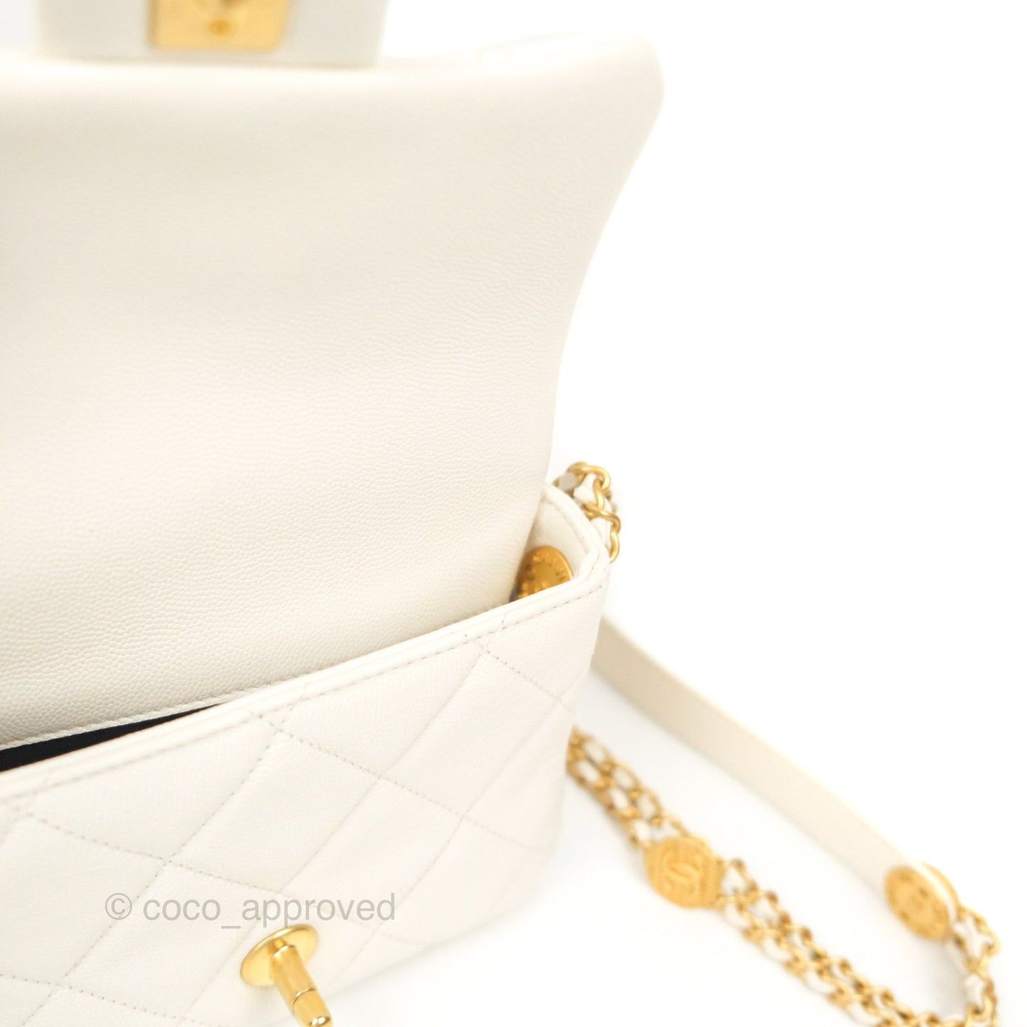 Chanel Mini Flap with Coin Charm White Caviar Aged Gold Hardware 22A