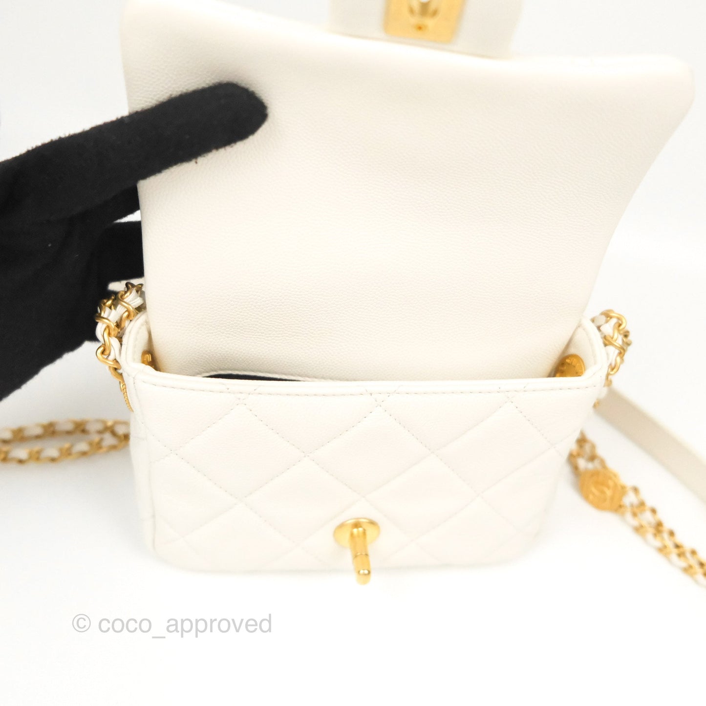 Chanel Mini Flap with Coin Charm White Caviar Aged Gold Hardware 22A