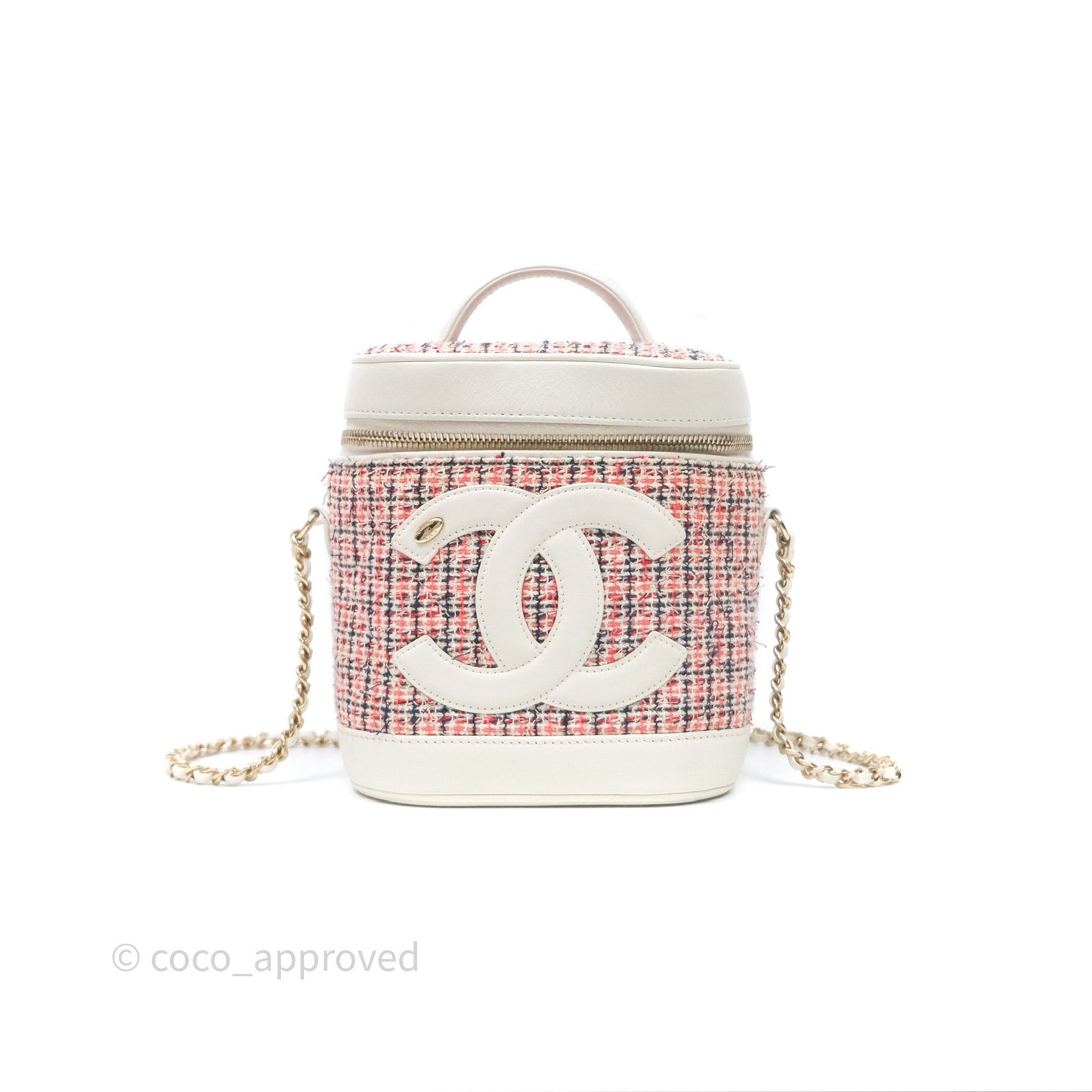 Chanel Round Vanity Clutch With Chain White Tweed Gold Hardware