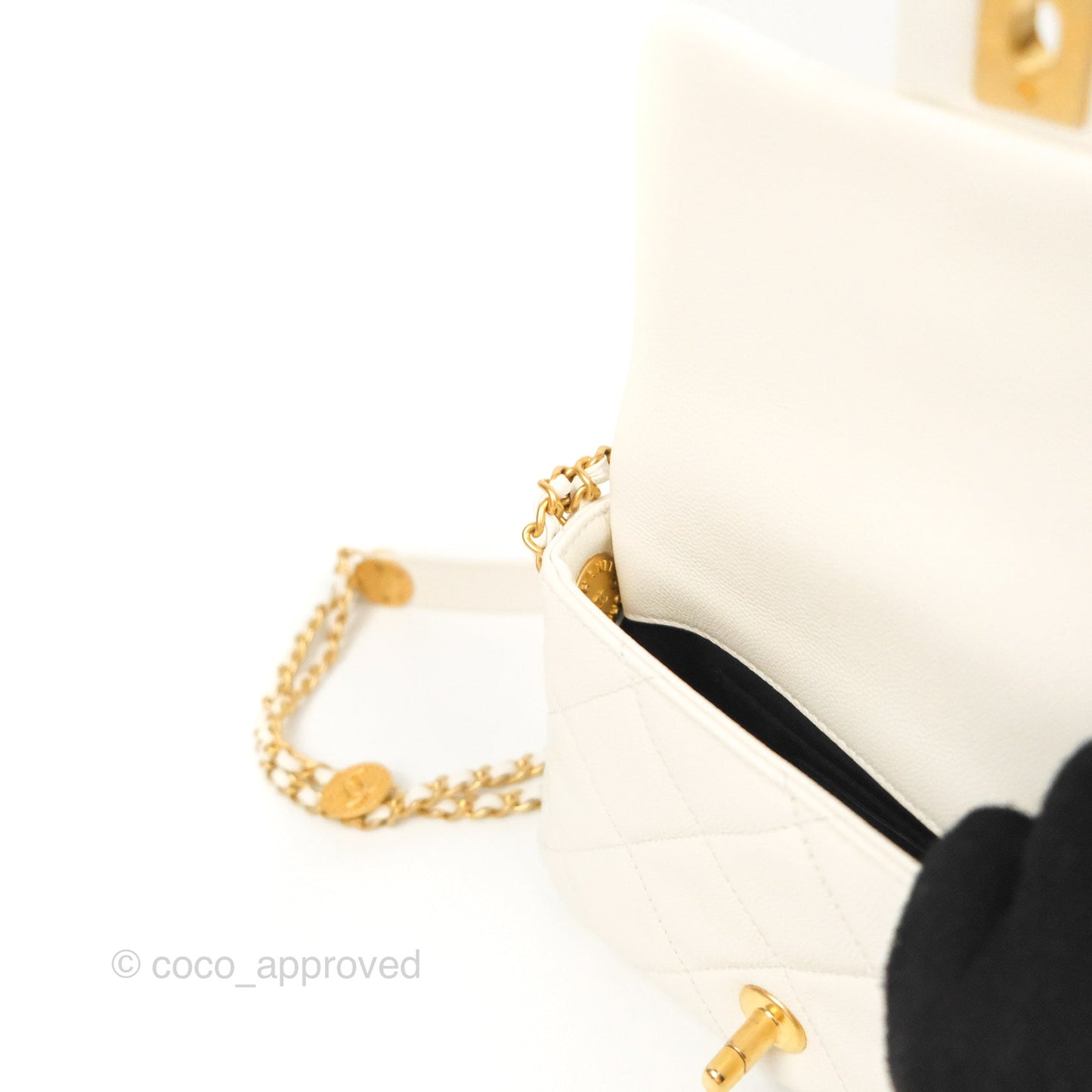 Chanel Mini Flap with Coin Charm White Caviar Aged Gold Hardware 22A