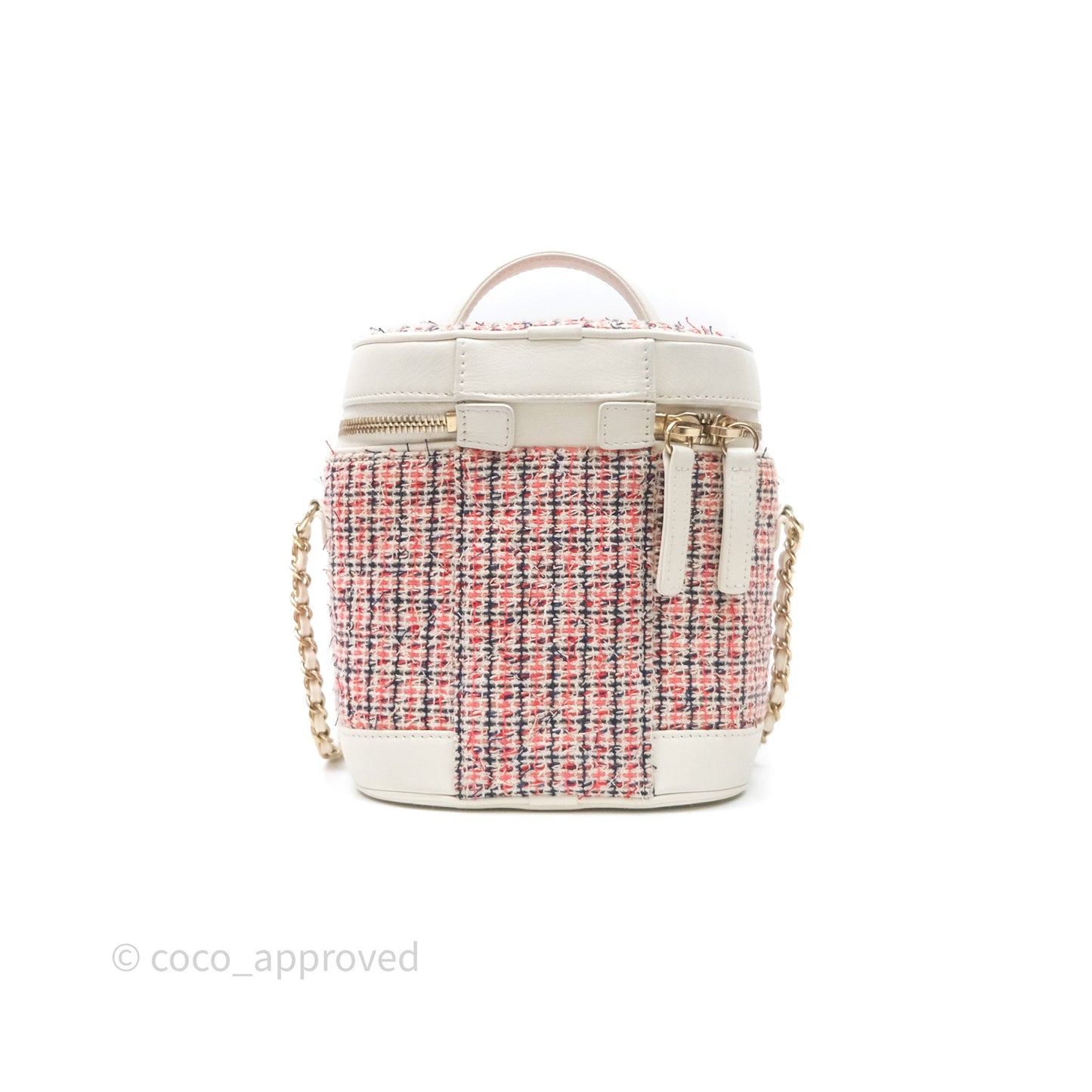 Chanel Round Vanity Clutch With Chain White Tweed Gold Hardware
