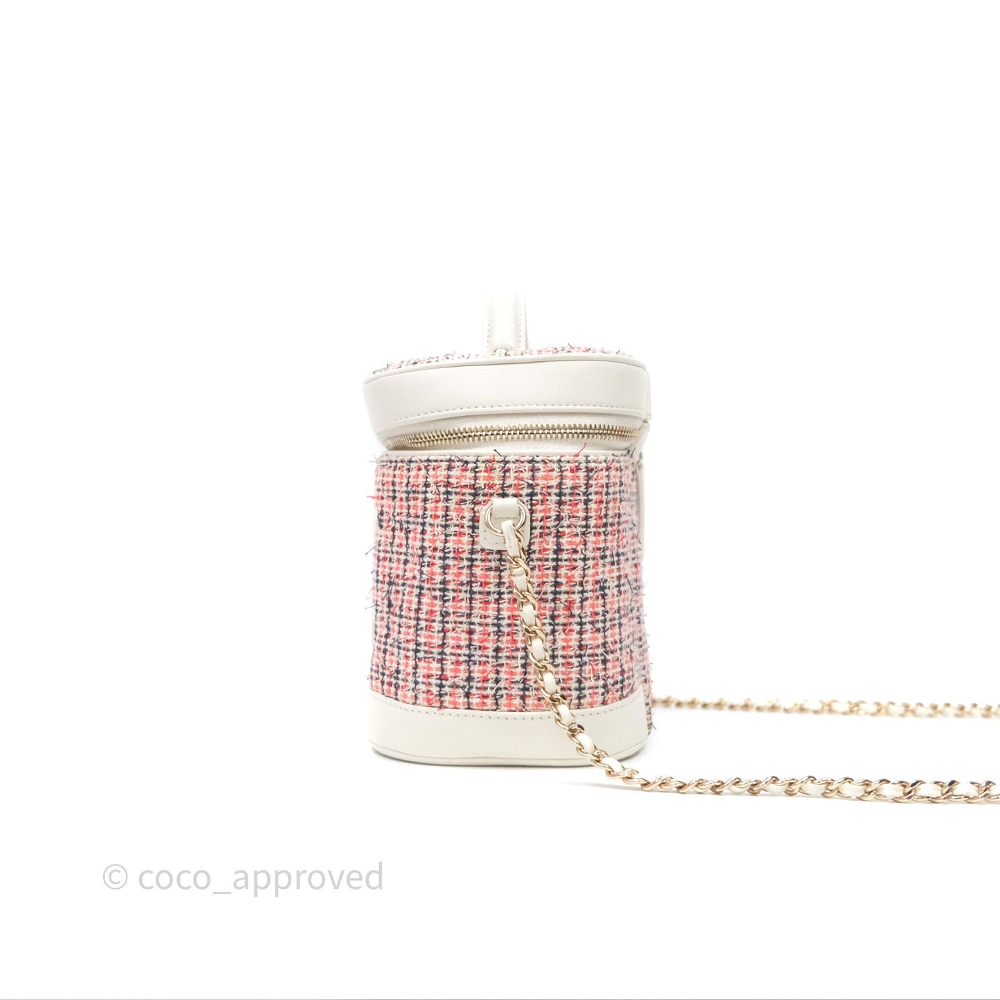Chanel Round Vanity Clutch With Chain White Tweed Gold Hardware